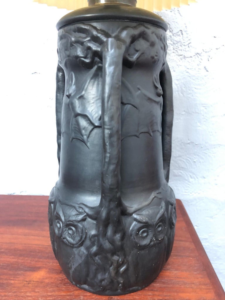 Antique Owls and Bats Black Pottery Table Lamp by L. Hjorth of Bornholm