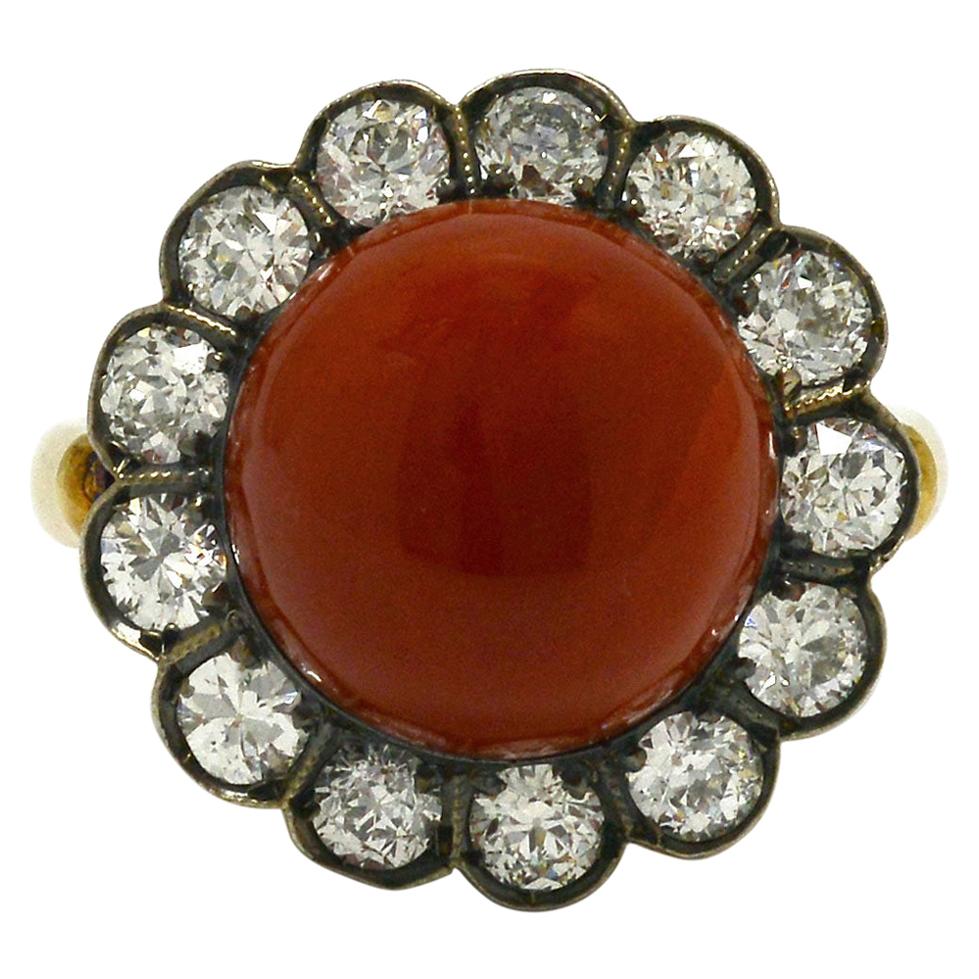 Antique Ox Blood Coral & Diamond Dome Cocktail Ring  For Sale