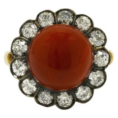 Retro Ox Blood Coral & Diamond Dome Cocktail Ring 