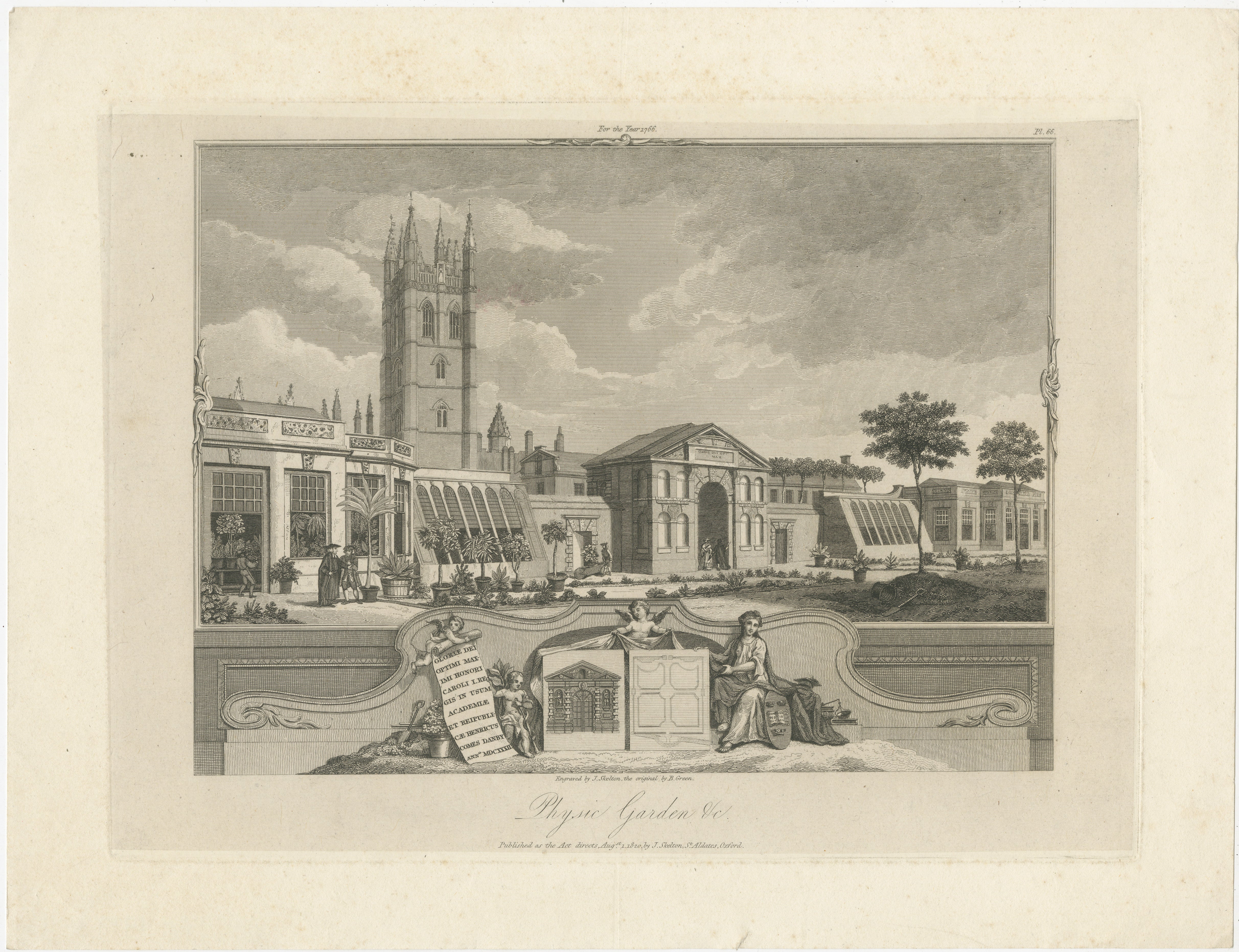 Antique Oxford Botanic Garden Engraving, Oxford Almanack, Benjamin Green, 1820