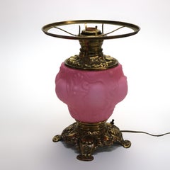Antique P & A Co Pink Glass Gone with the Wind Electric Lamp, Converted, C1890
