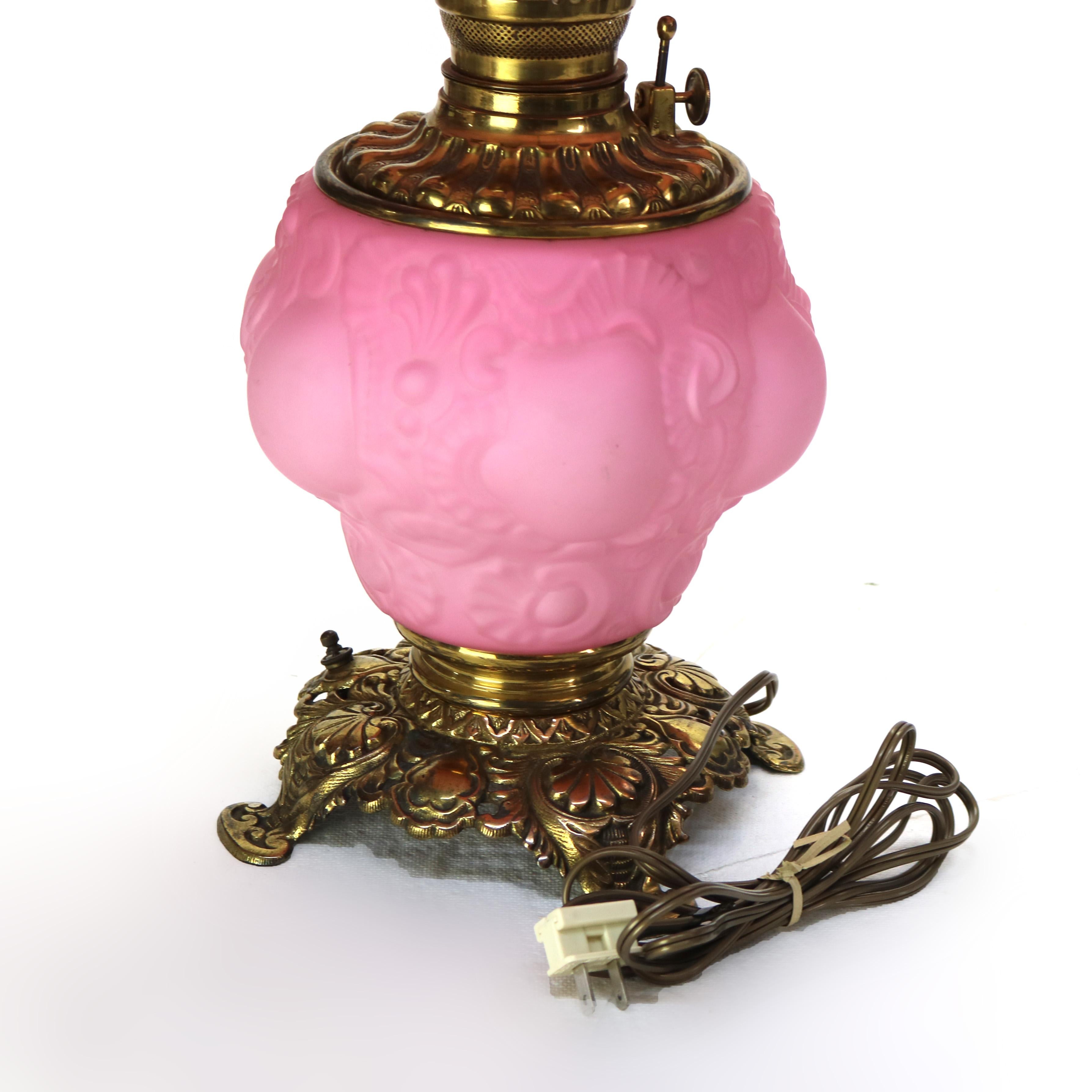 American Antique P & A Co Pink Glass Gone with the Wind Electric Lamp, Converted, C1890