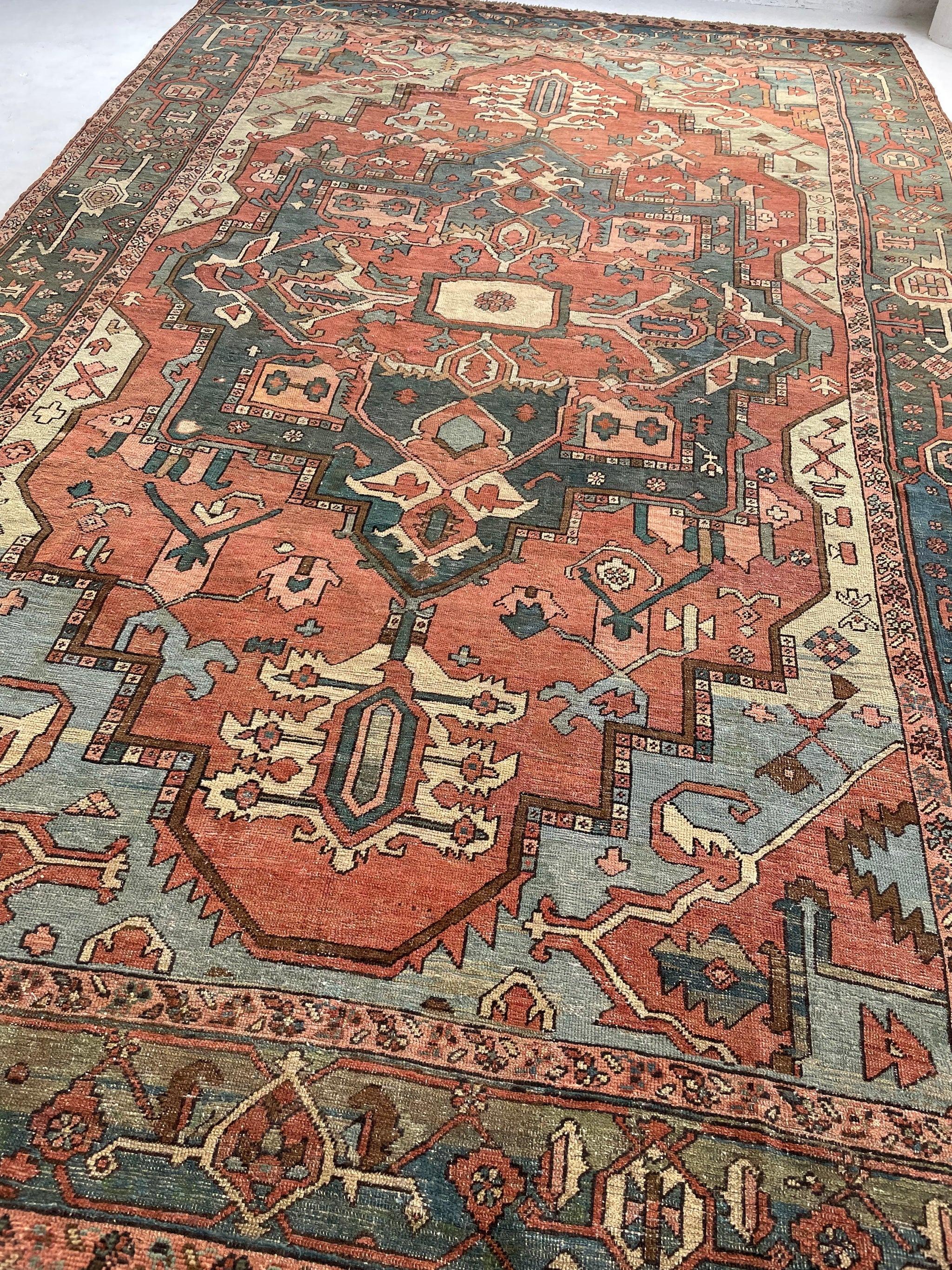 Pablo Picasso Antique Persian Serapi - Truest Mystical Art - Museum Piece - Terracotta, Sage Green, Ice Blue, Madder-Root, Eggshell

About: UNMATCHED. 1 OF 1. Never again will we lay eyes on something like this in the rug world.  These are pieces