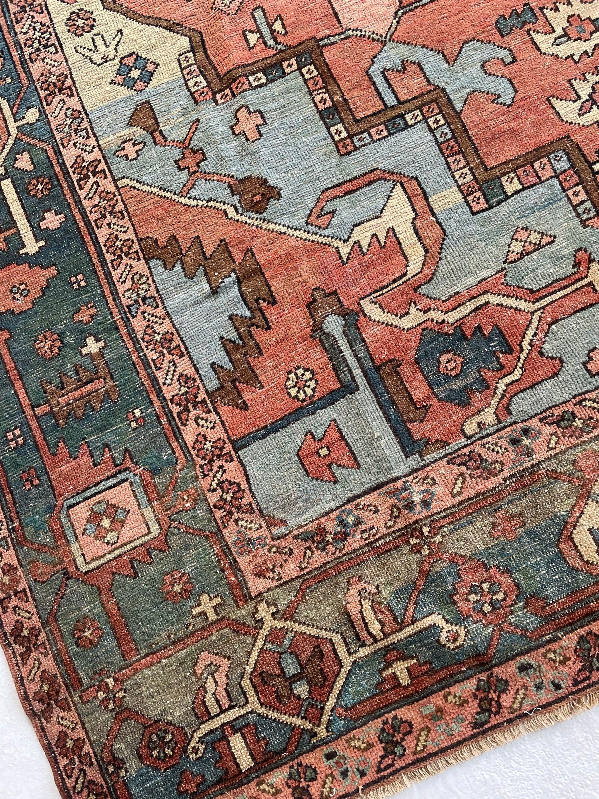 Hand-Knotted Antique Persian Green And Terracotta Serapi Carpet Rug, circa 1880-1900's For Sale