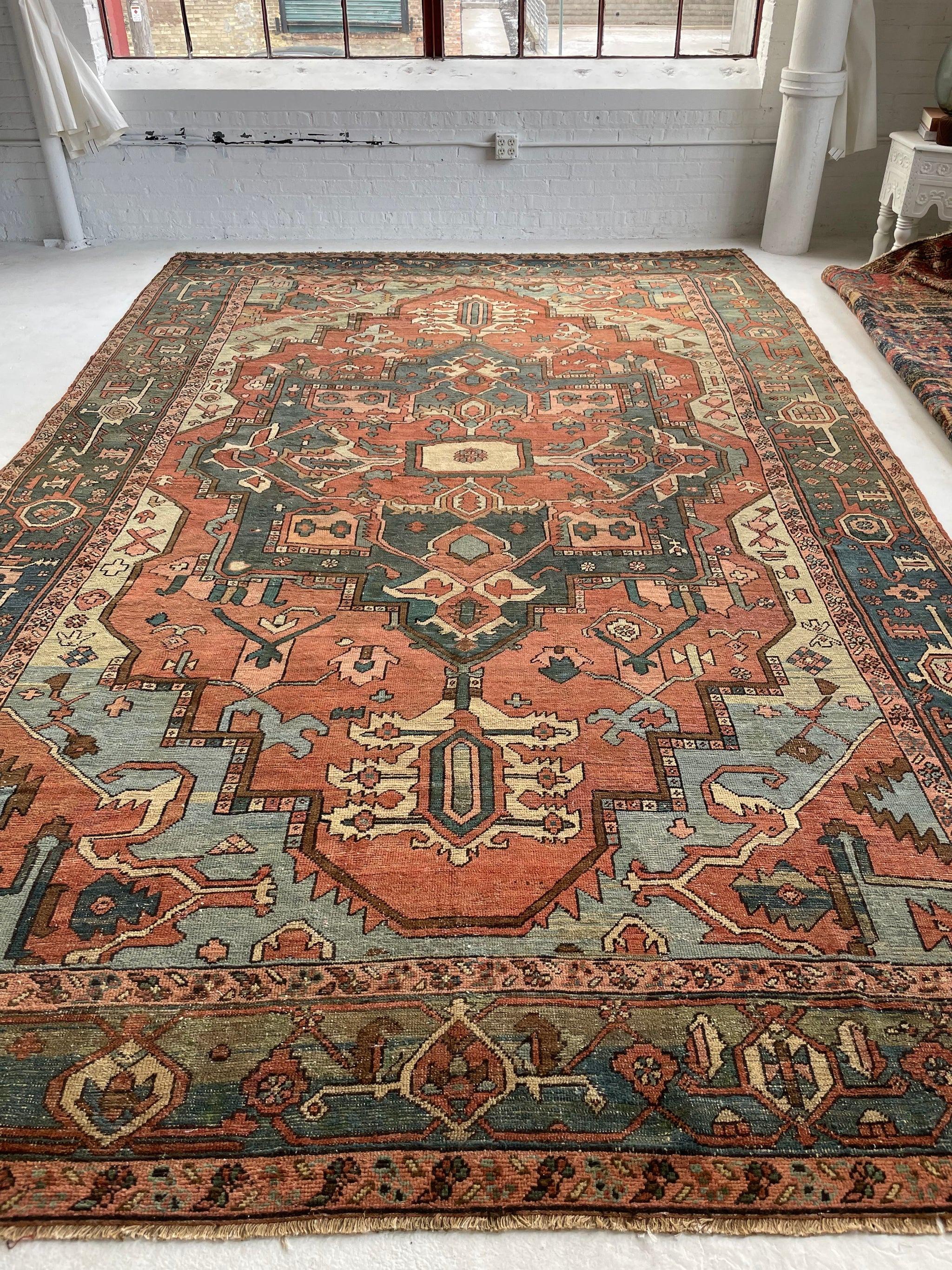 Antique Persian Green And Terracotta Serapi Carpet Rug, circa 1880-1900's In Good Condition For Sale In Milwaukee, WI