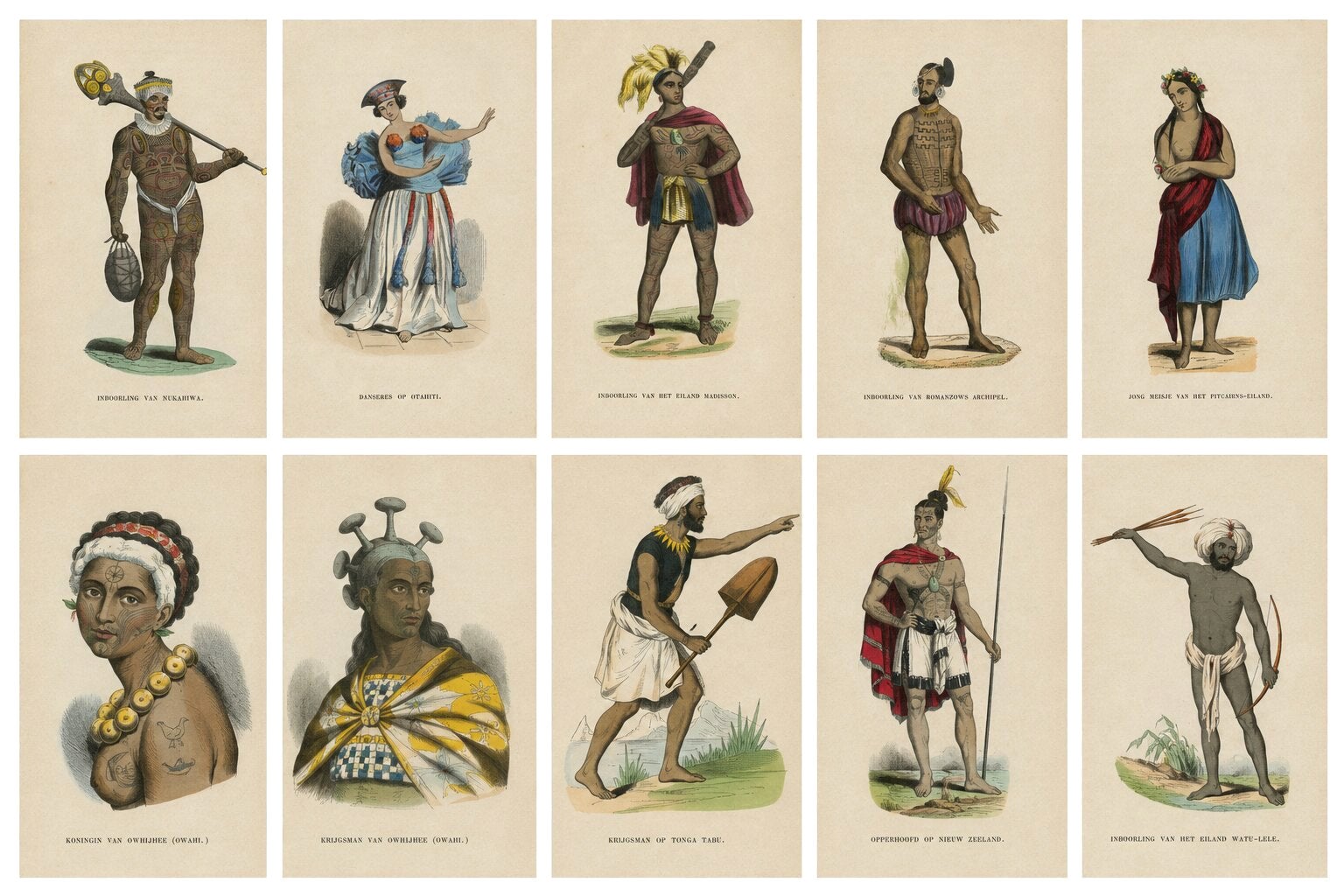 Antique Pacific Islanders & Polynesian Costume Prints, Set of 10, c.1852