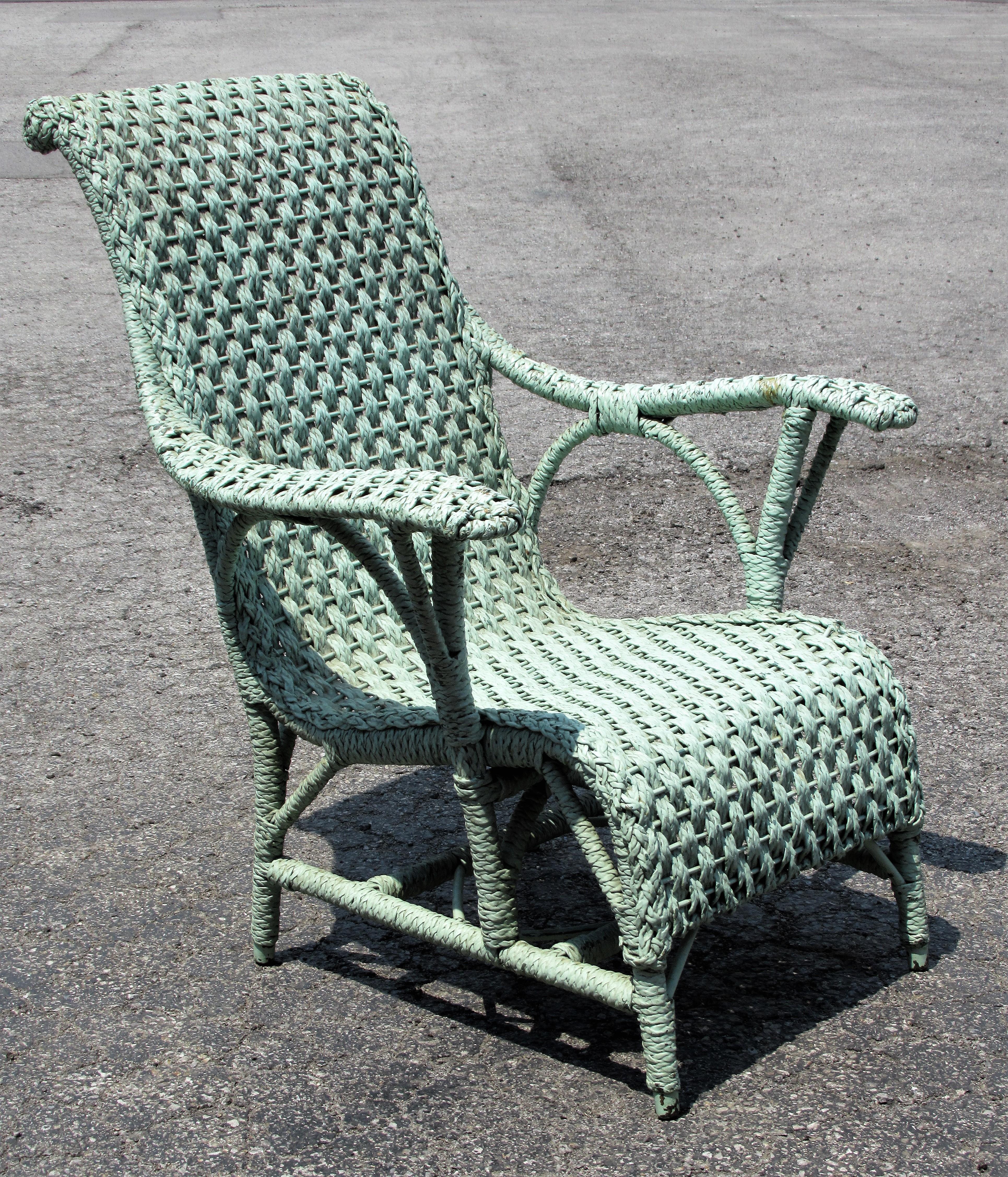 Painted Antique Paddle Arm Wicker Lounge Chair