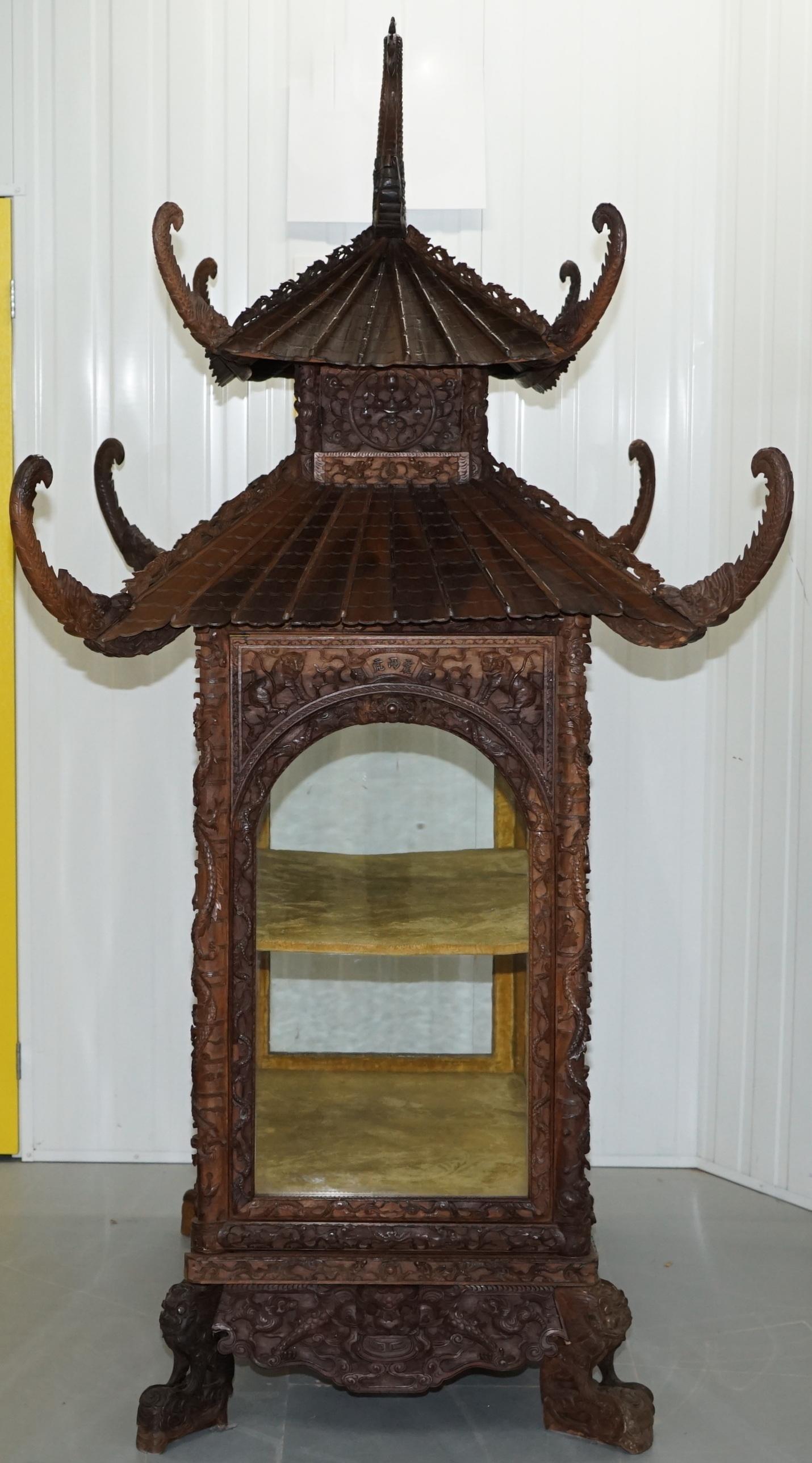 Antique Pagoda Hand Carved Top to Bottom Chinese Temple Cabinet Silk Inside 10