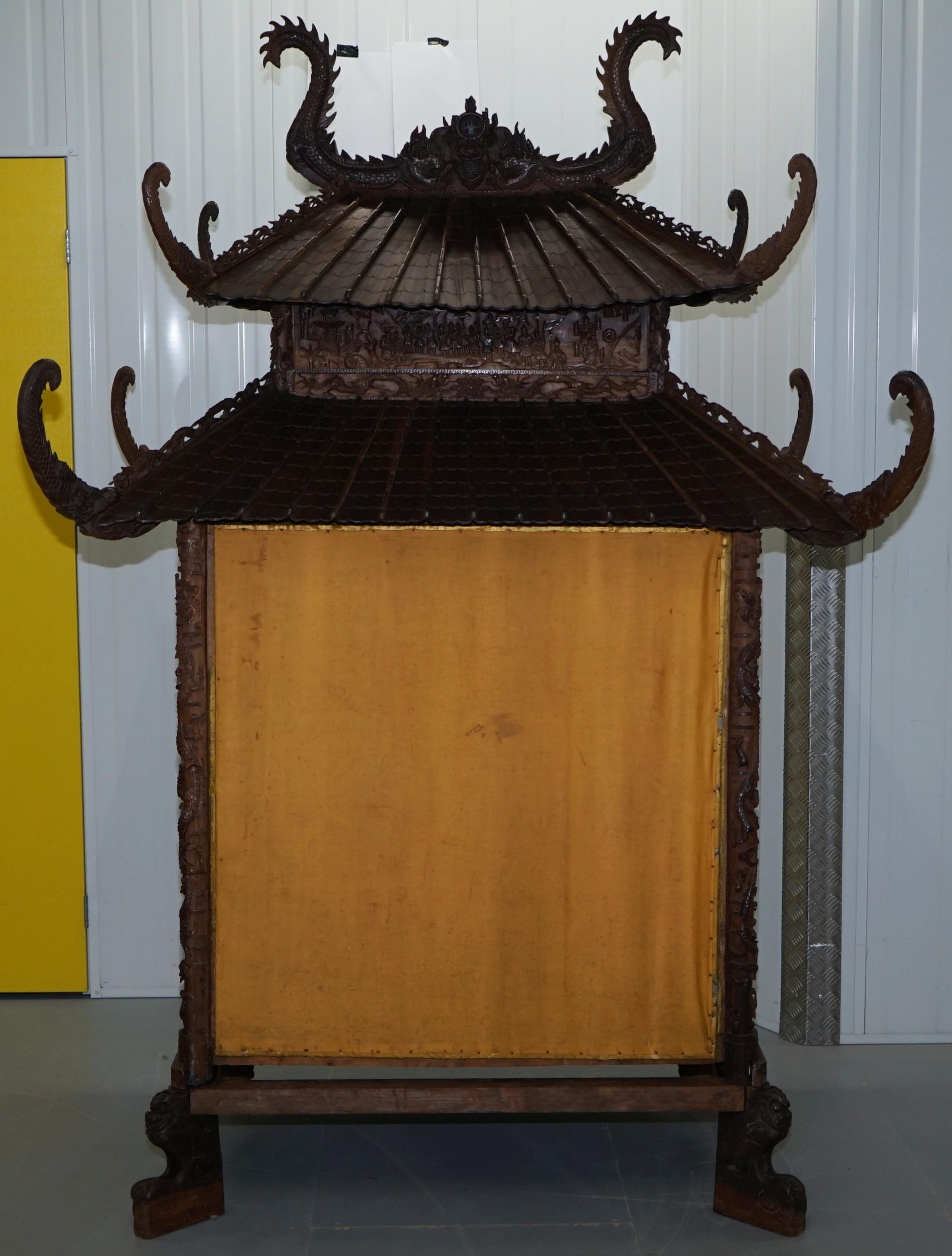 Antique Pagoda Hand Carved Top to Bottom Chinese Temple Cabinet Silk Inside 11