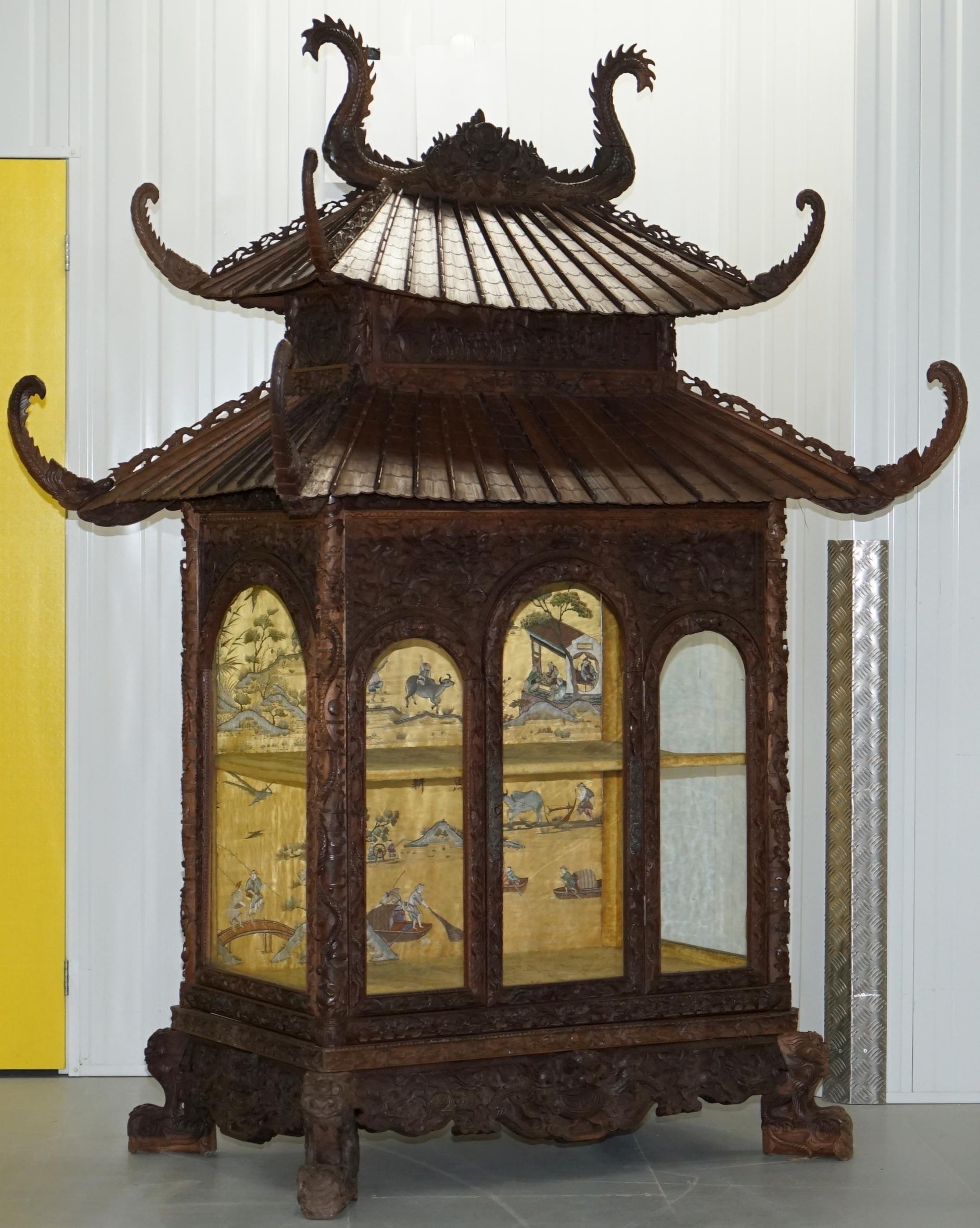 We are delighted to offer for sale this exceptionally rare antique Asian hand carved Pagoda cabinet with silk tapestry lining

There are some pieces of furniture that are so well made, elaborate and rare that you simply have to buy them, that’s