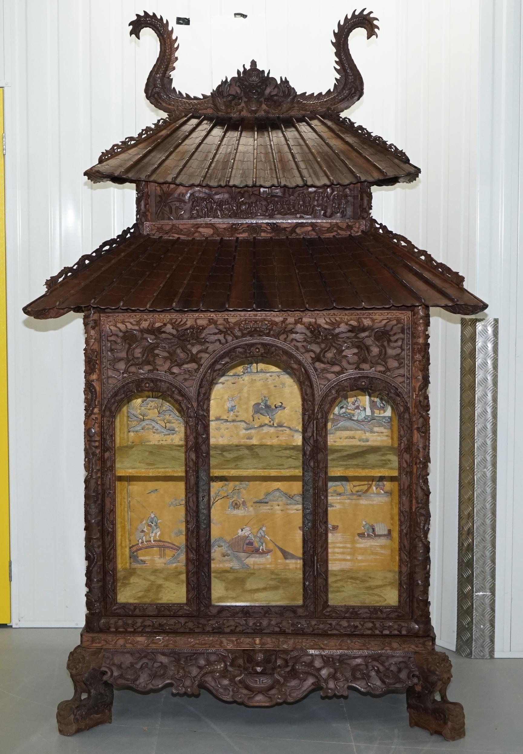 Antique Pagoda Hand Carved Top to Bottom Chinese Temple Cabinet Silk Inside 12