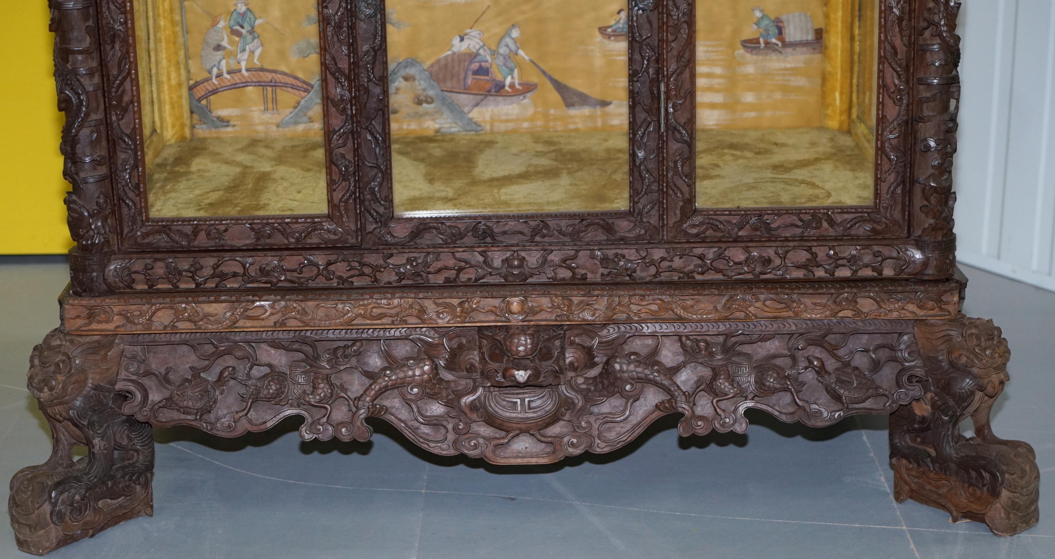 Antique Pagoda Hand Carved Top to Bottom Chinese Temple Cabinet Silk Inside 1