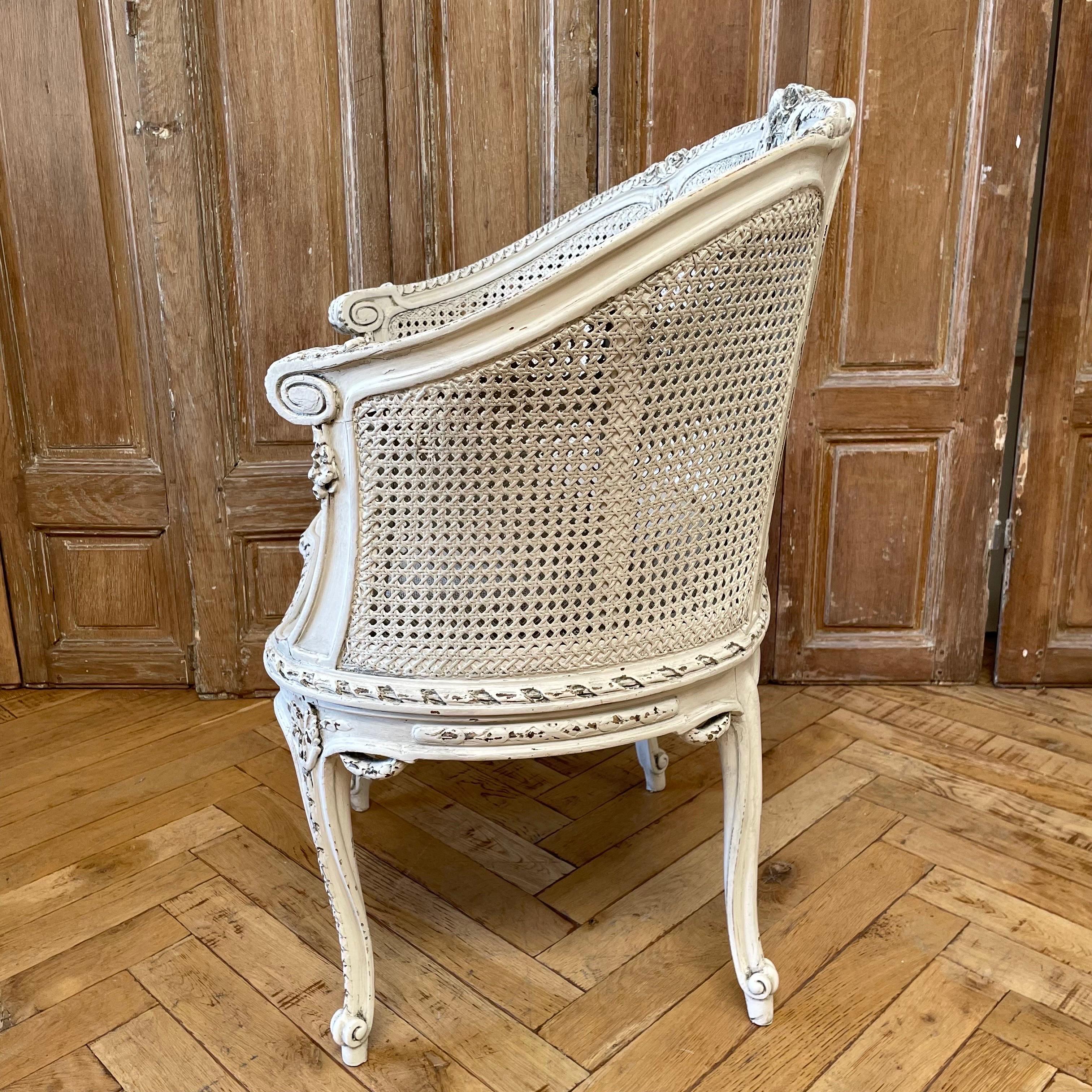 Linen Antique Painted and Upholstered French Louis XV Barrel Cane Chair