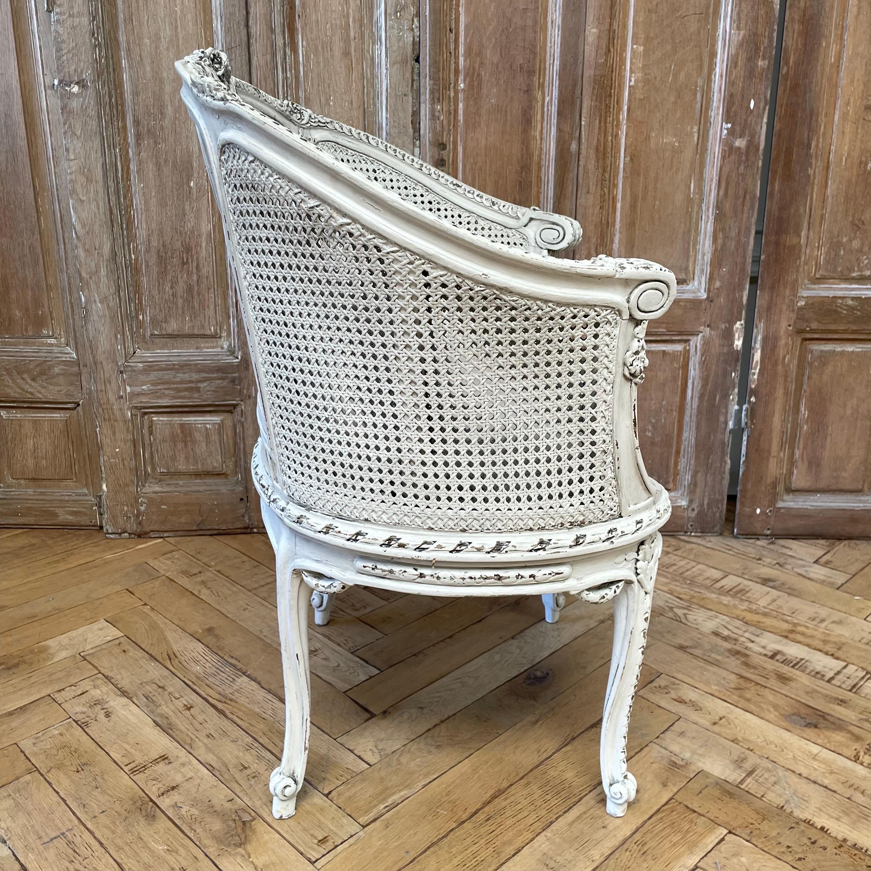 Antique Painted and Upholstered French Louis XV Barrel Cane Chair 3