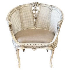Antique Painted and Upholstered French Louis XV Barrel Cane Chair