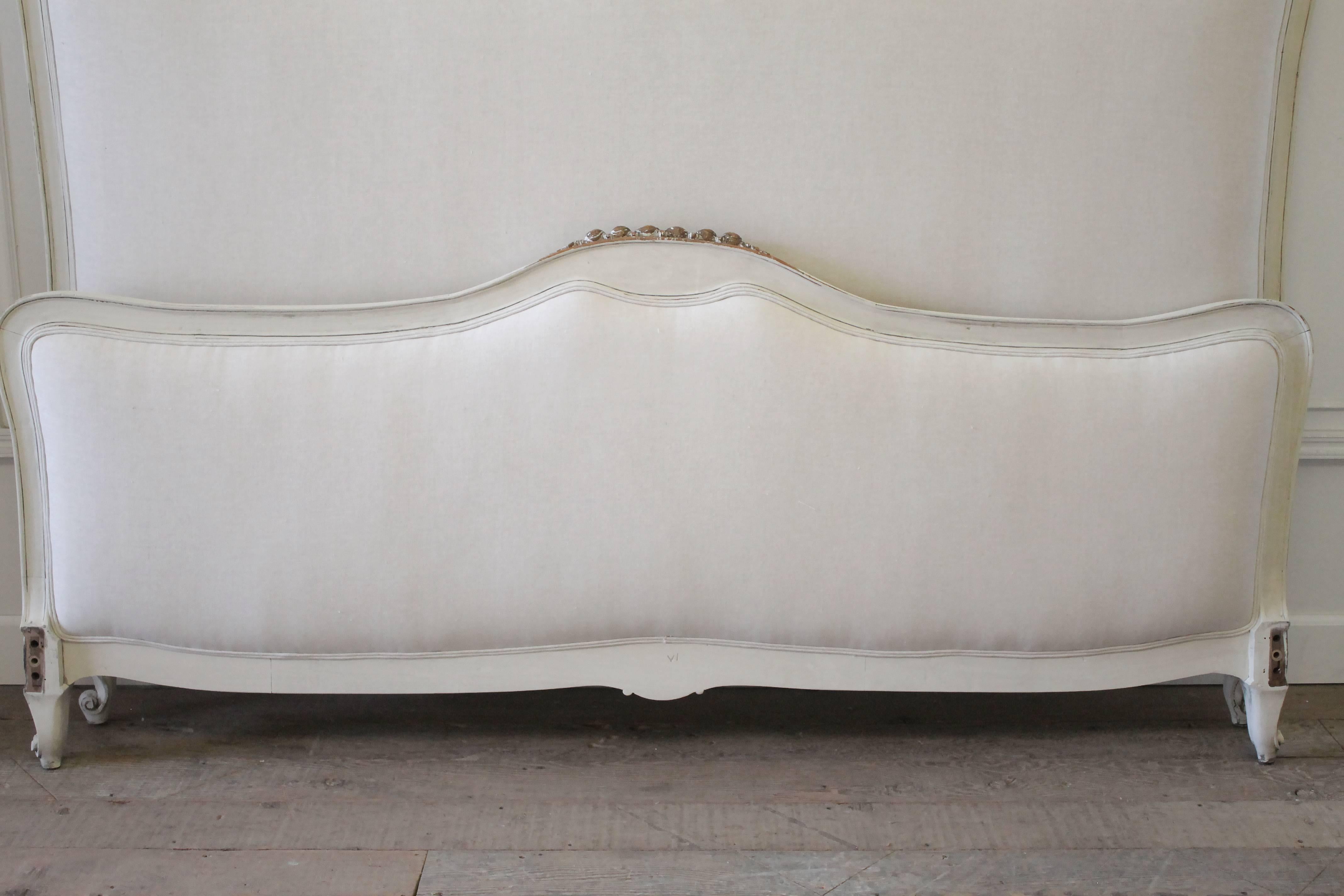 Hand-Carved Antique Painted and Upholstered Linen King Size Louis XV Style French Bed