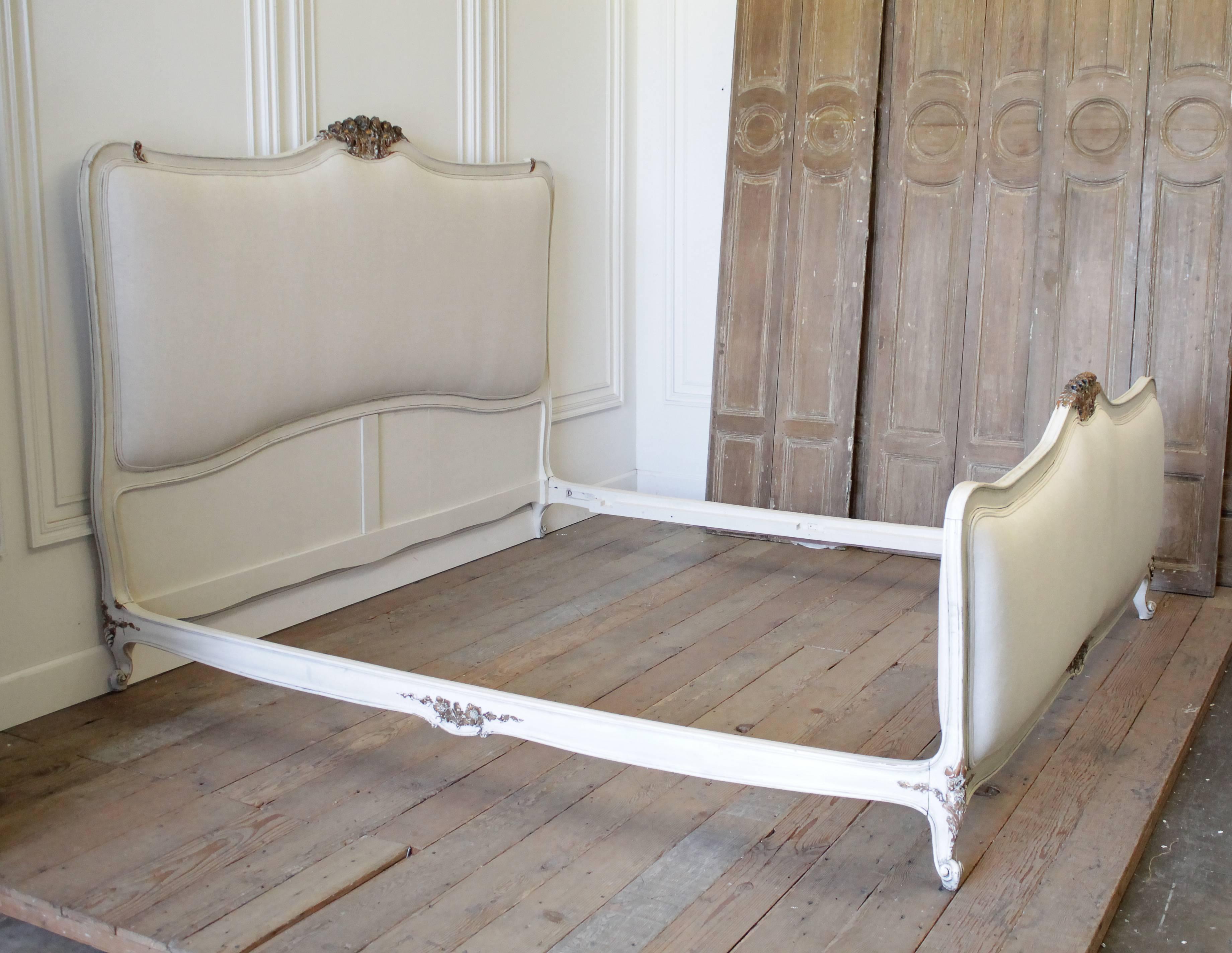 Antique Painted and Upholstered Linen King Size Louis XV Style French Bed In Good Condition In Brea, CA