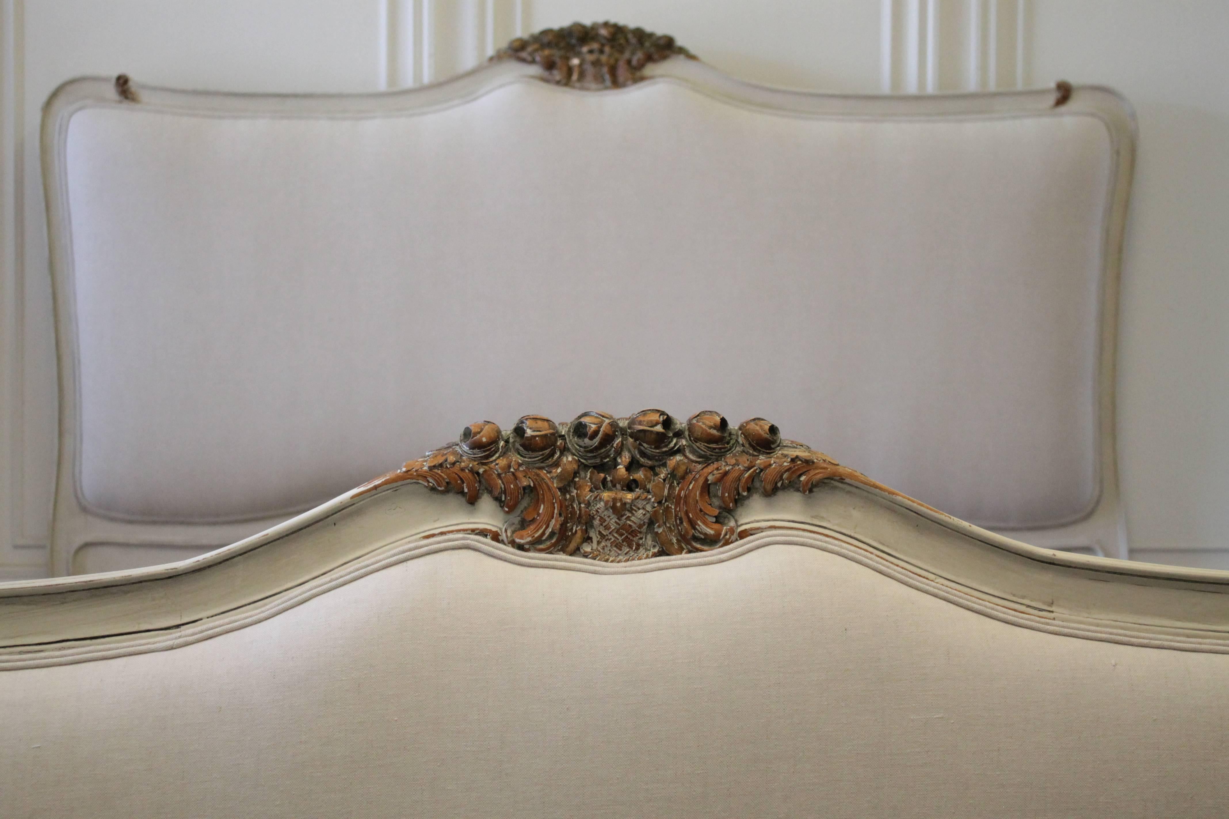 20th Century Antique Painted and Upholstered Linen King Size Louis XV Style French Bed