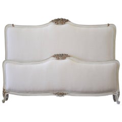 Antique Painted and Upholstered Linen King Size Louis XV Style French Bed