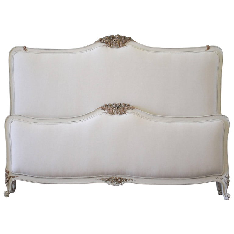 Antique Painted and Upholstered Linen King Size Louis XV Style French