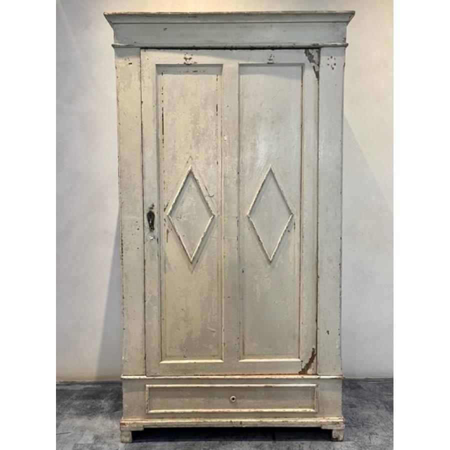 Antique Painted armoire, 19th Century. Natural wood interior with shelves. 
Some repairs may have been made, some minor chips and wear visible. 

Item #: FR-0120

Additional Information:
Dimensions: 37.75“W X 18“D X 71.25”H.
 