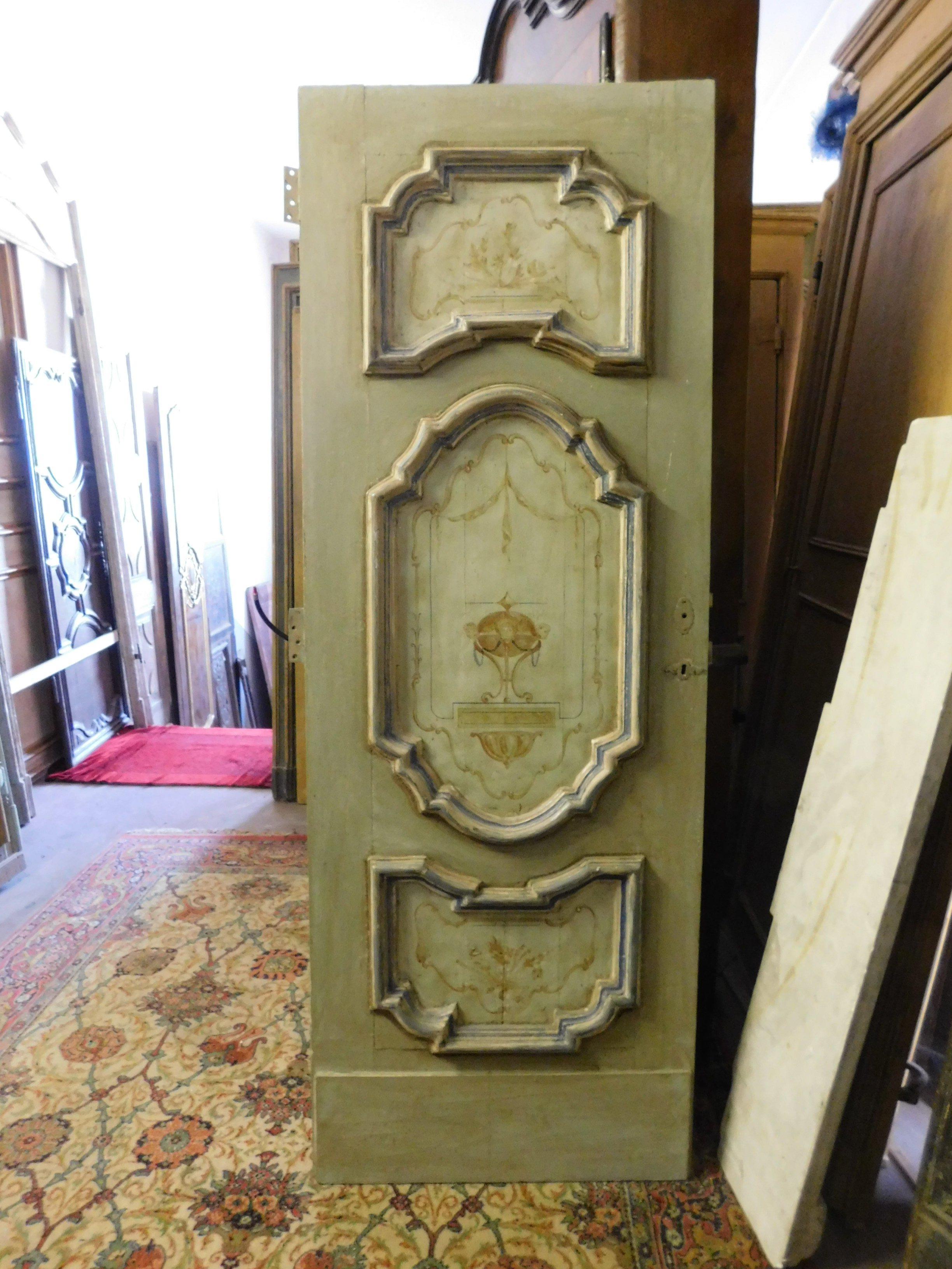 Italian Antique Painted Baroque Door with Three Panels Lacquered, 18th Century, Italy