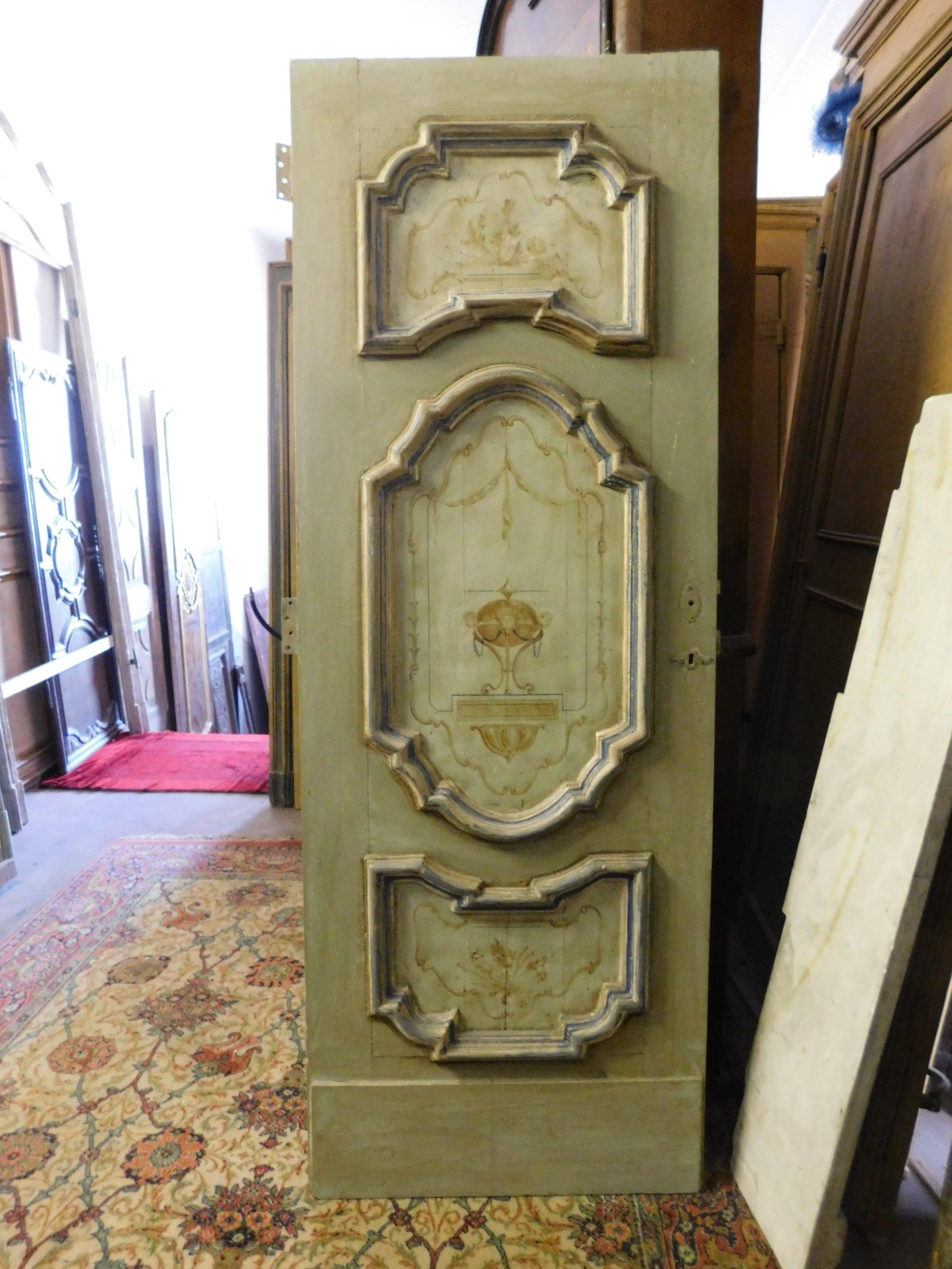Hand-Painted Antique Painted Baroque Door with Three Panels Lacquered, 18th Century, Italy