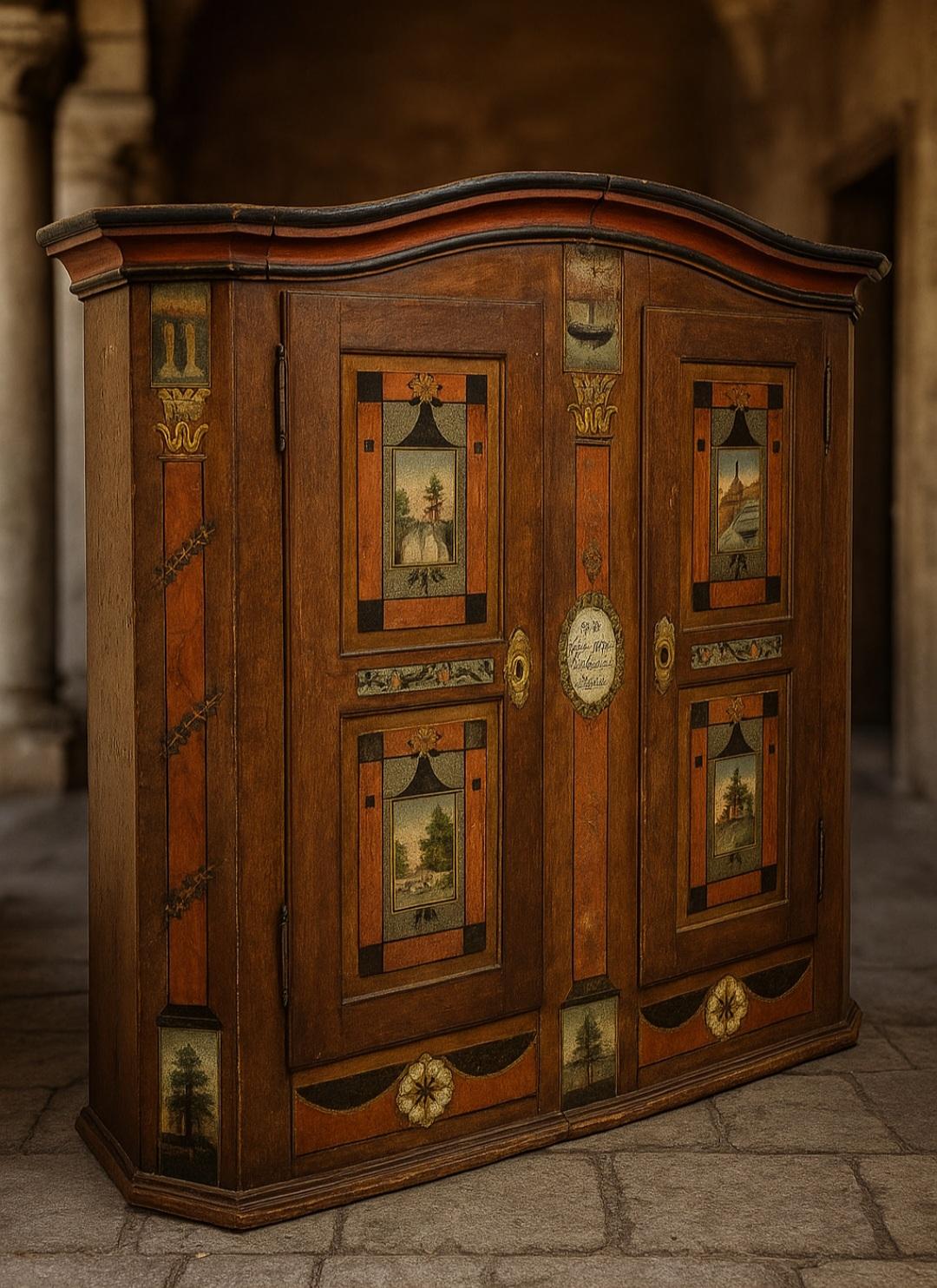 This Antique Painted Bavarian Cupboard is a stunning piece of 19th-century folk art, featuring intricate paintings in orange tones on its doors and body. This original German wardrobe from 1880 has seven shelves, two doors, and a hand painted draw