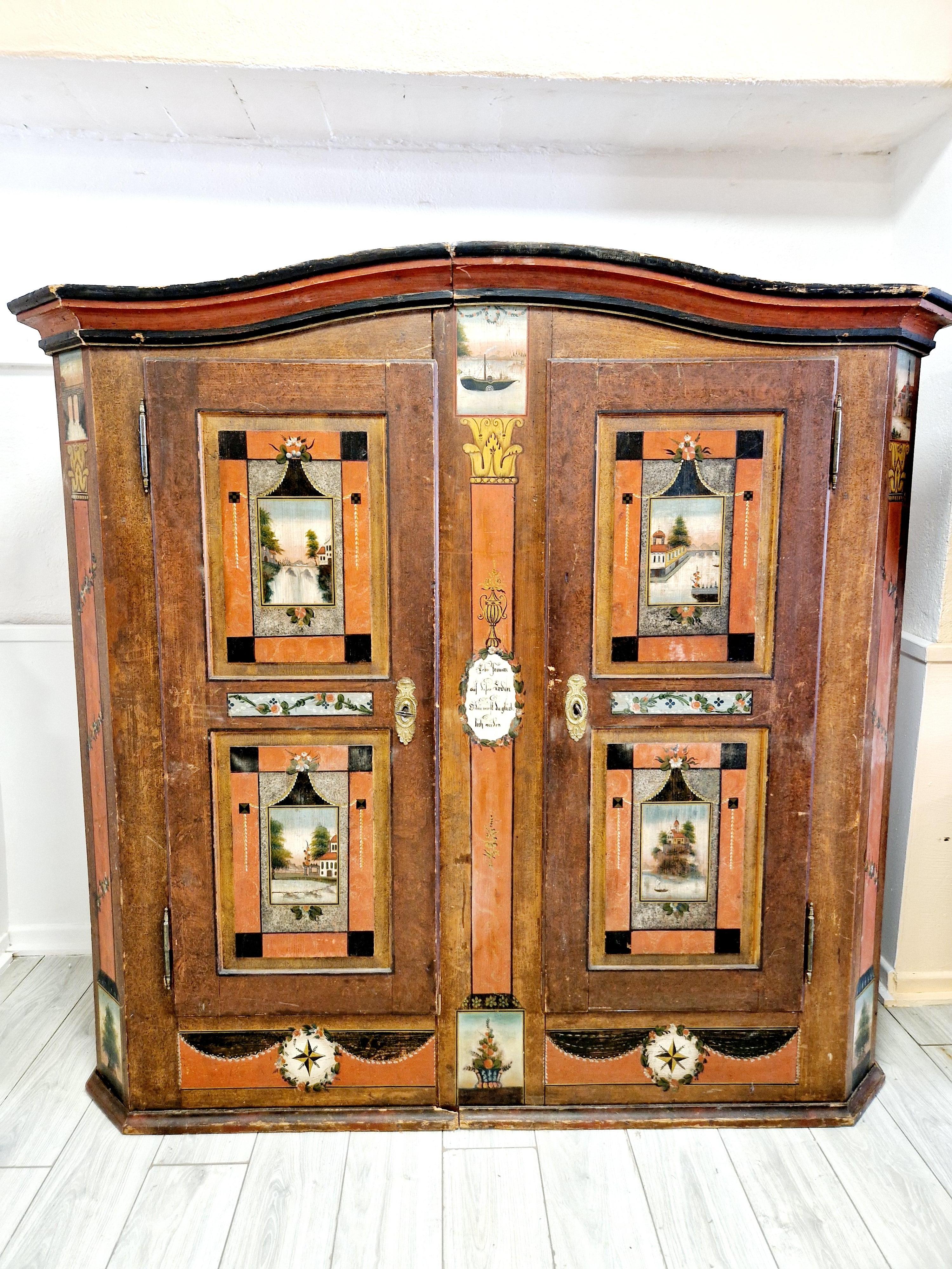 Wood Antique Painted Bavarian Cupboard Folk Art For Sale