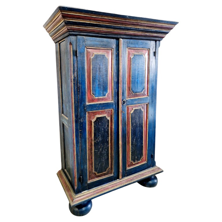 19th Century Antique Bavarian Schrank Wardrobe in Lacquered Blue Wood