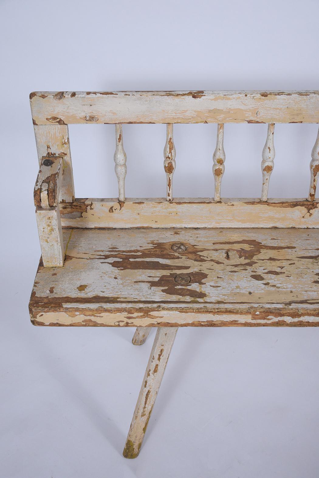 Hand-Carved Antique Distressed Painted Bench