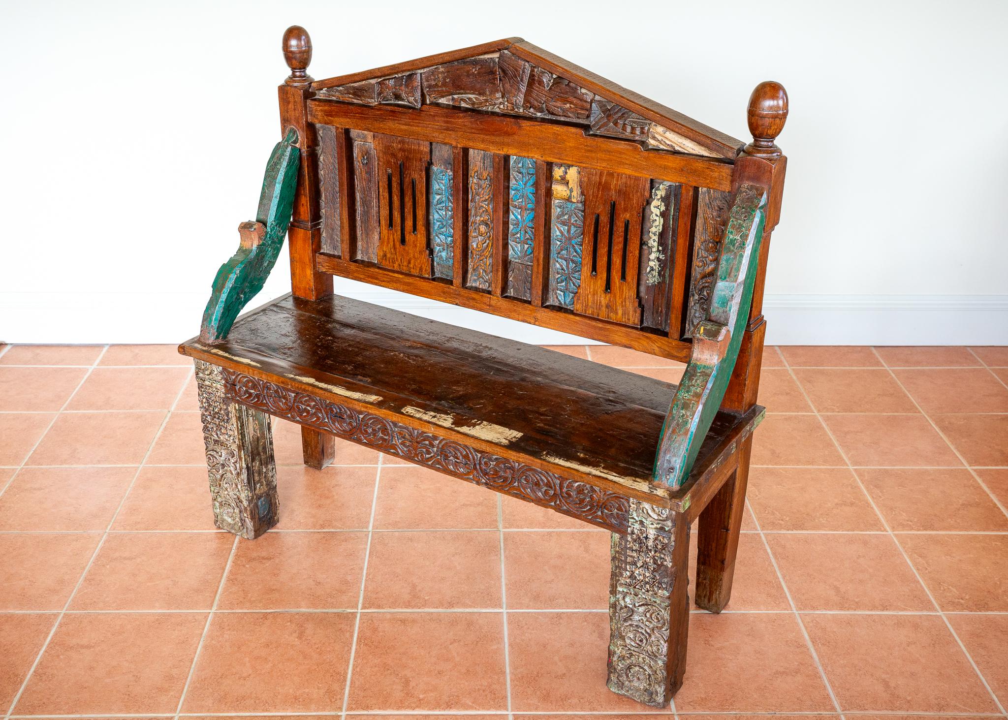 Antique Painted Bench Indian 19th Century Raj Era Colourful Reclaimed Decorative For Sale 2