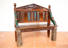 Antique Painted Bench Indian 19th Century Raj Era Colourful Reclaimed Decorative