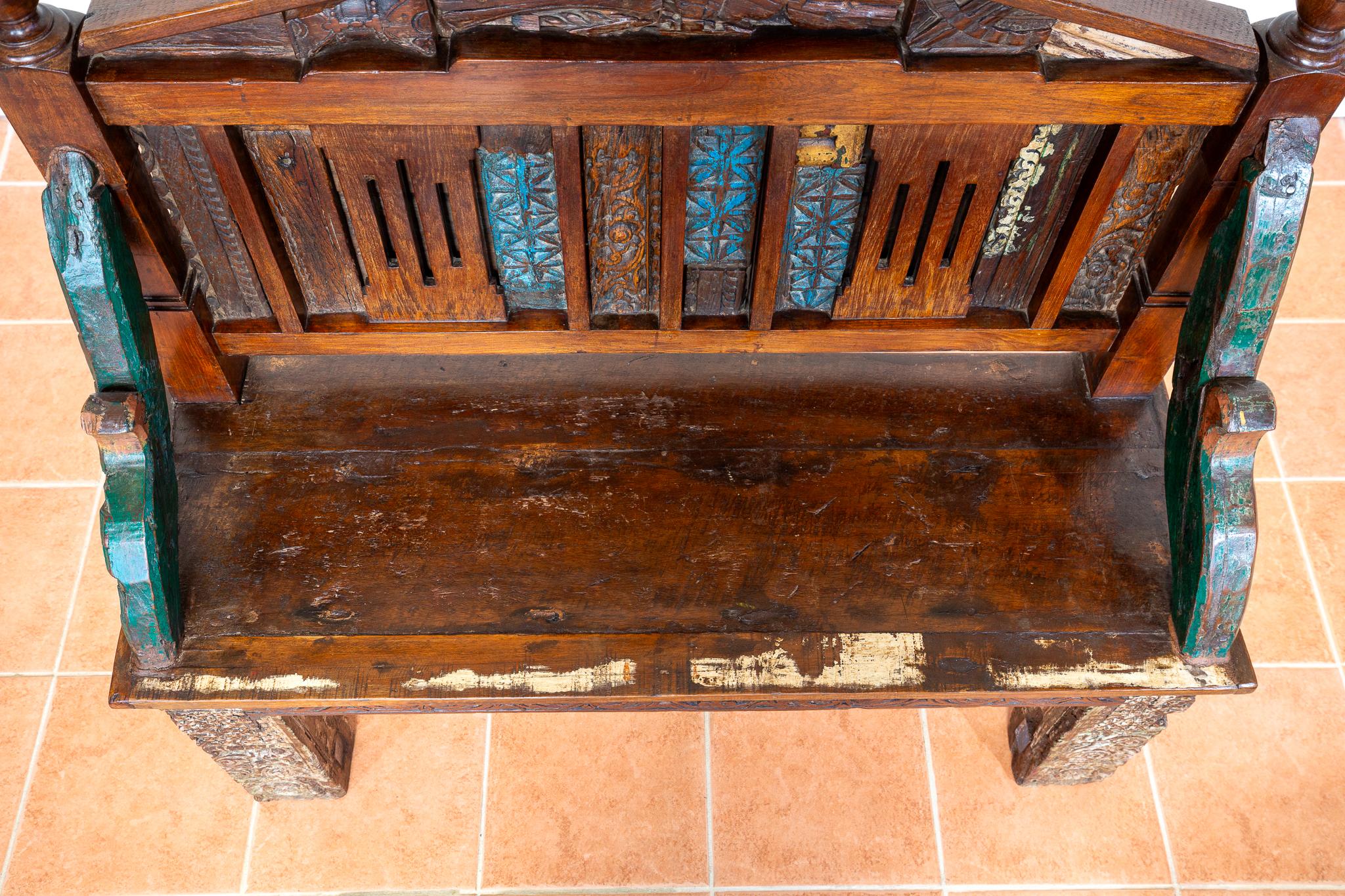 Antique Painted Bench Indian 19th Century Raj Era Colourful Reclaimed Decorative For Sale 12