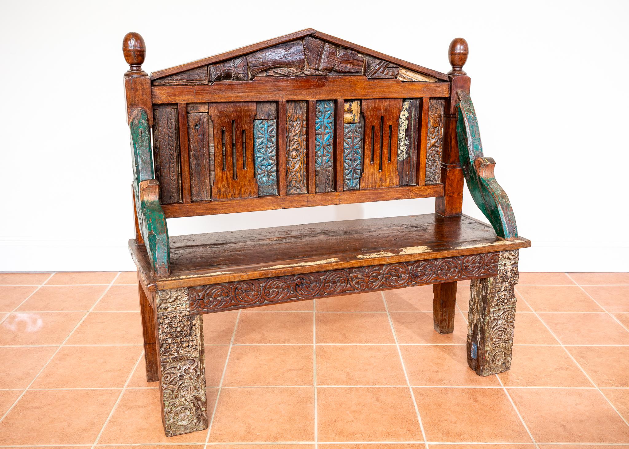 Antique Painted Bench Indian 19th Century Raj Era Colourful Reclaimed Decorative For Sale 10