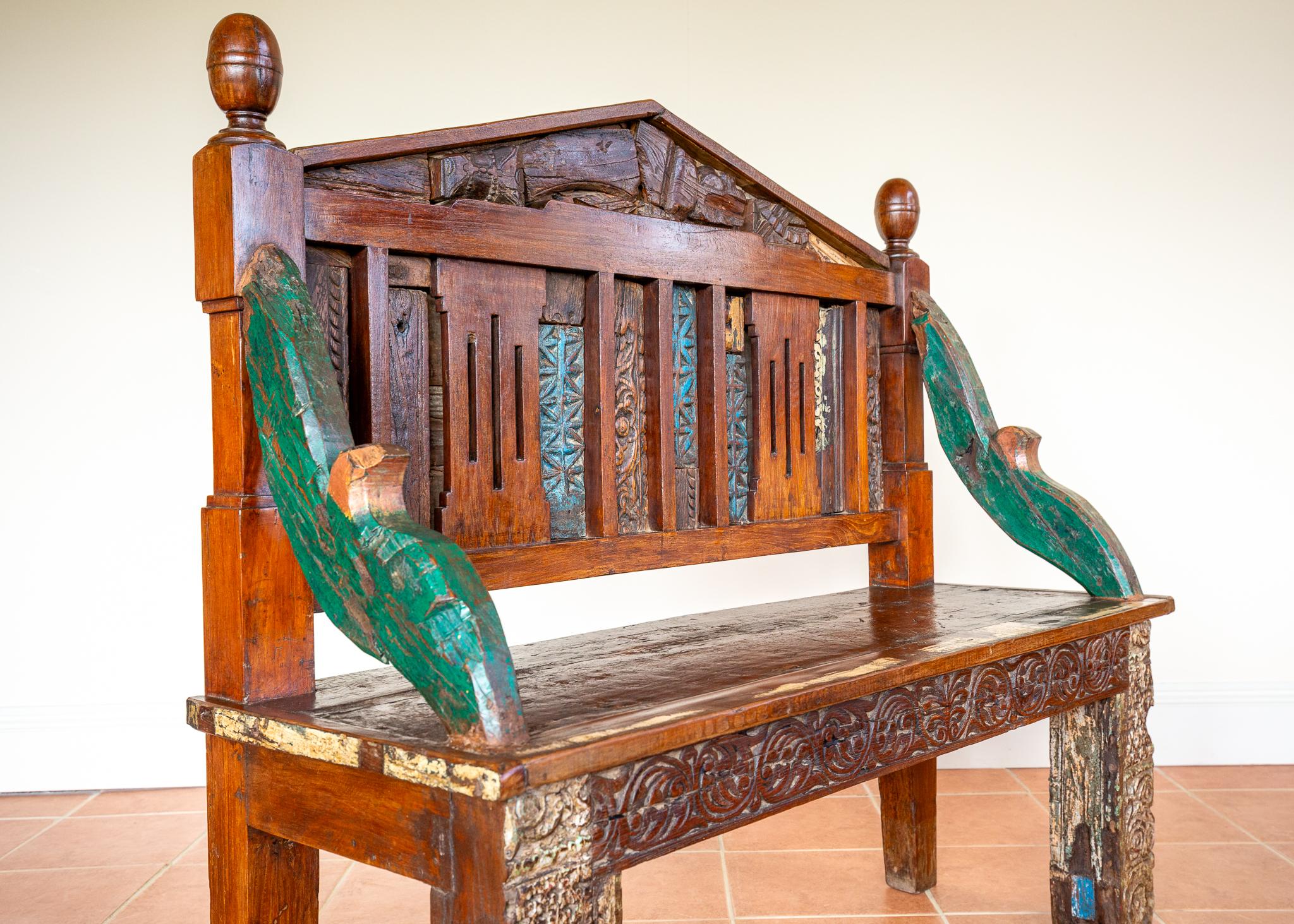 Anglo-Indian Antique Painted Bench Indian 19th Century Raj Era Colourful Reclaimed Decorative For Sale