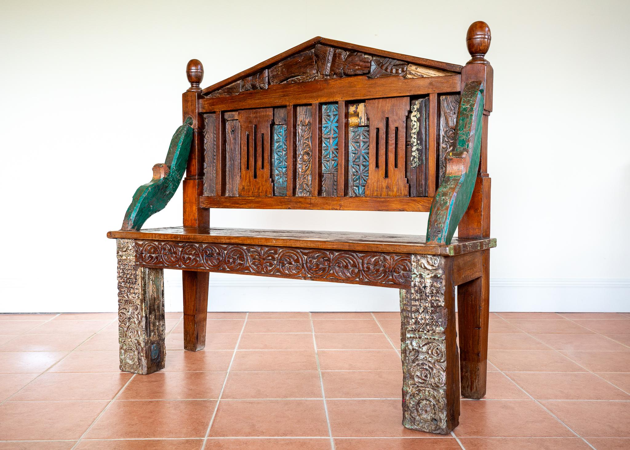 Hand-Carved Antique Painted Bench Indian 19th Century Raj Era Colourful Reclaimed Decorative For Sale