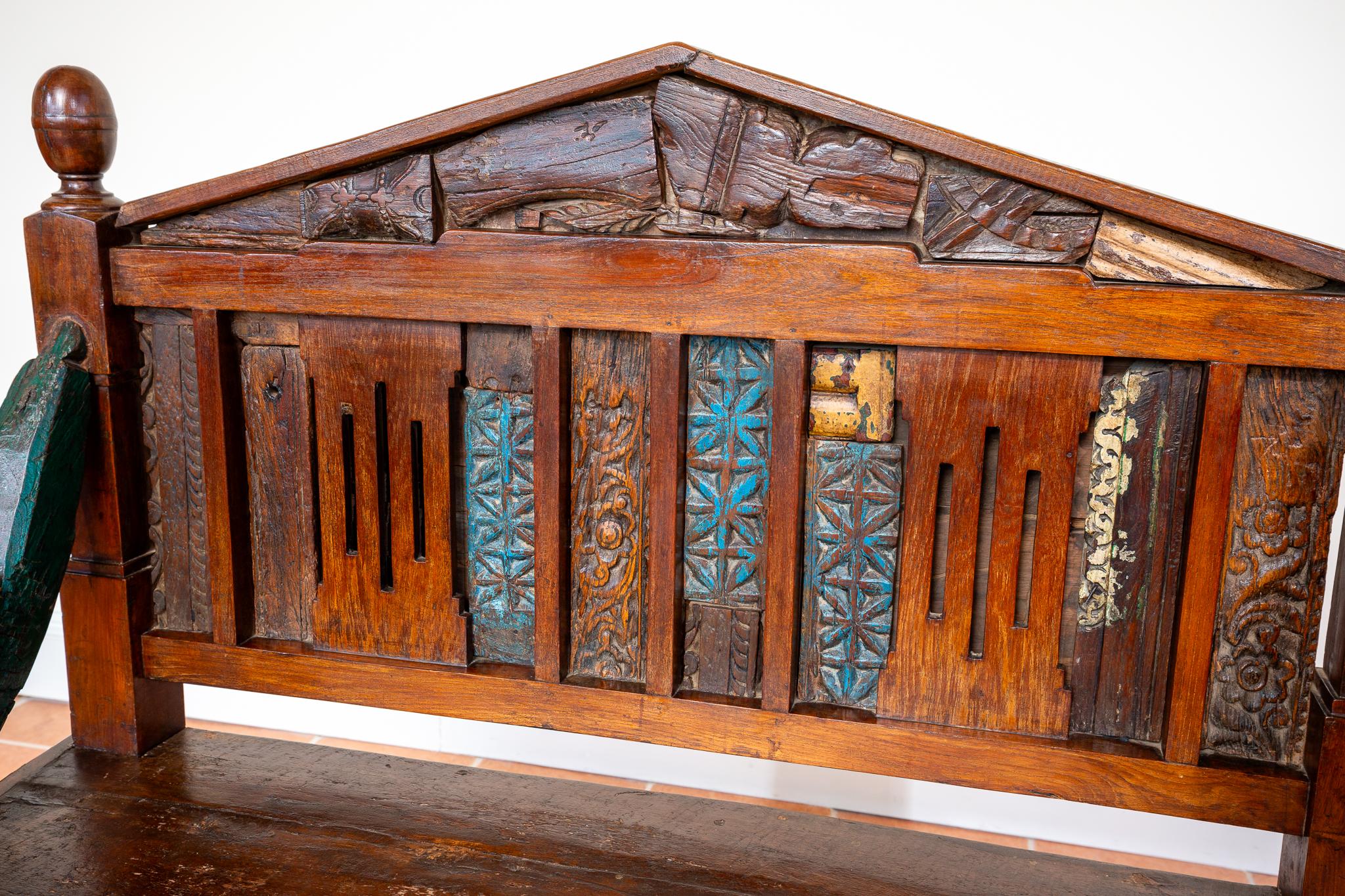 Antique Painted Bench Indian 19th Century Raj Era Colourful Reclaimed Decorative For Sale 3