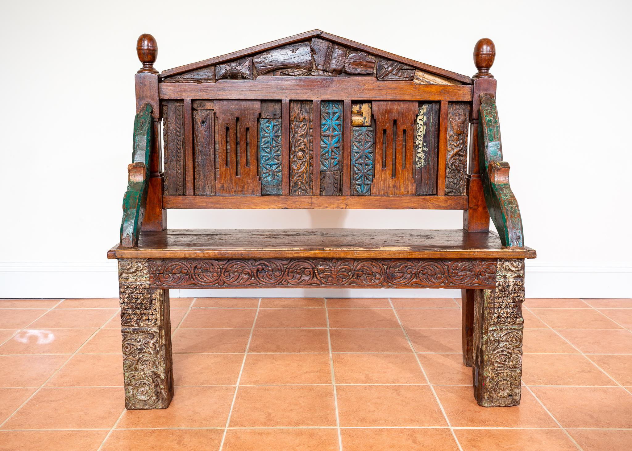 Antique Painted Bench Indian 19th Century Raj Era Colourful Reclaimed Decorative In Good Condition For Sale In London, GB