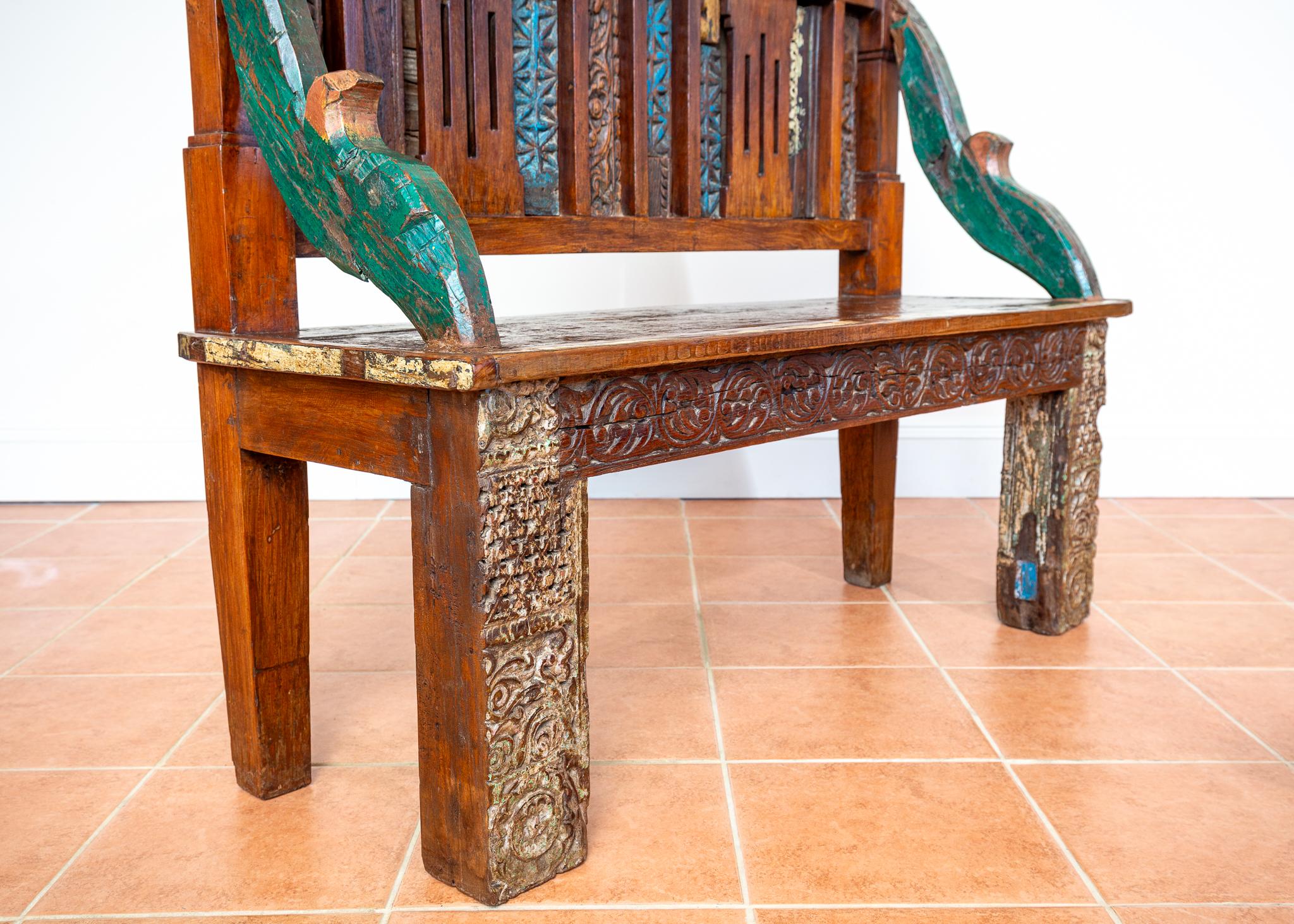 Teak Antique Painted Bench Indian 19th Century Raj Era Colourful Reclaimed Decorative For Sale