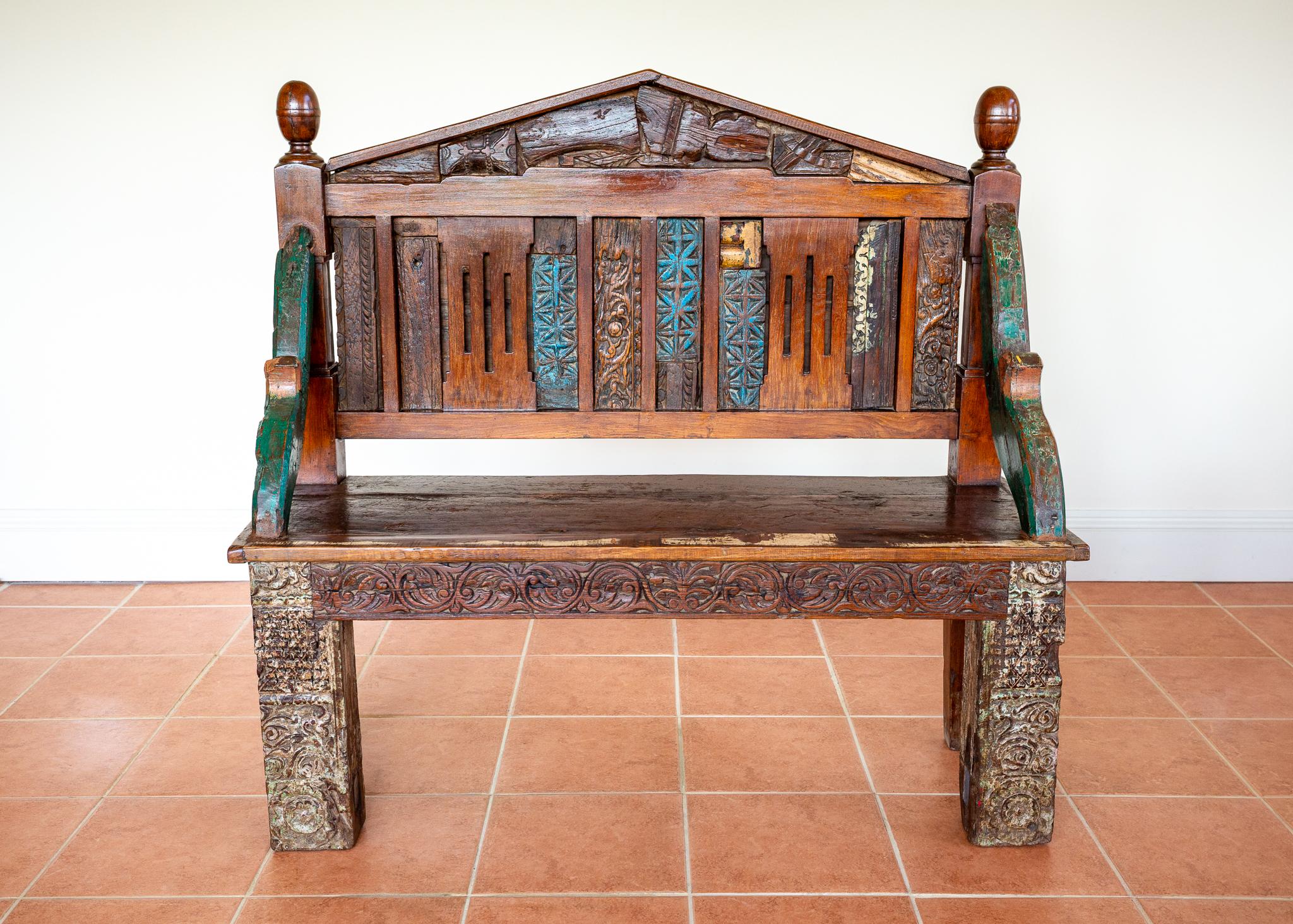 Antique Painted Bench Indian 19th Century Raj Era Colourful Reclaimed Decorative For Sale 9