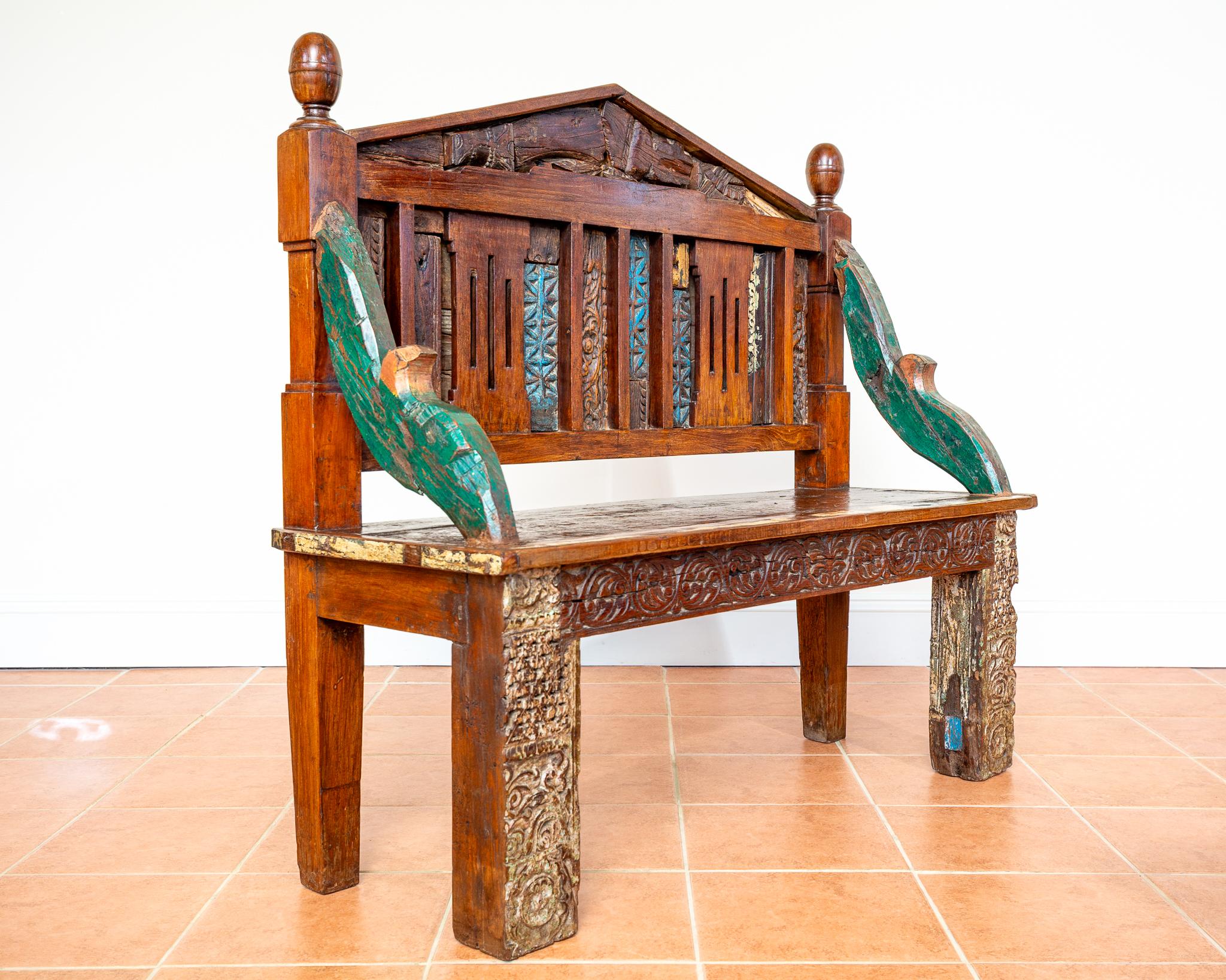 Antique Painted Bench Indian 19th Century Raj Era Colourful Reclaimed Decorative For Sale 1