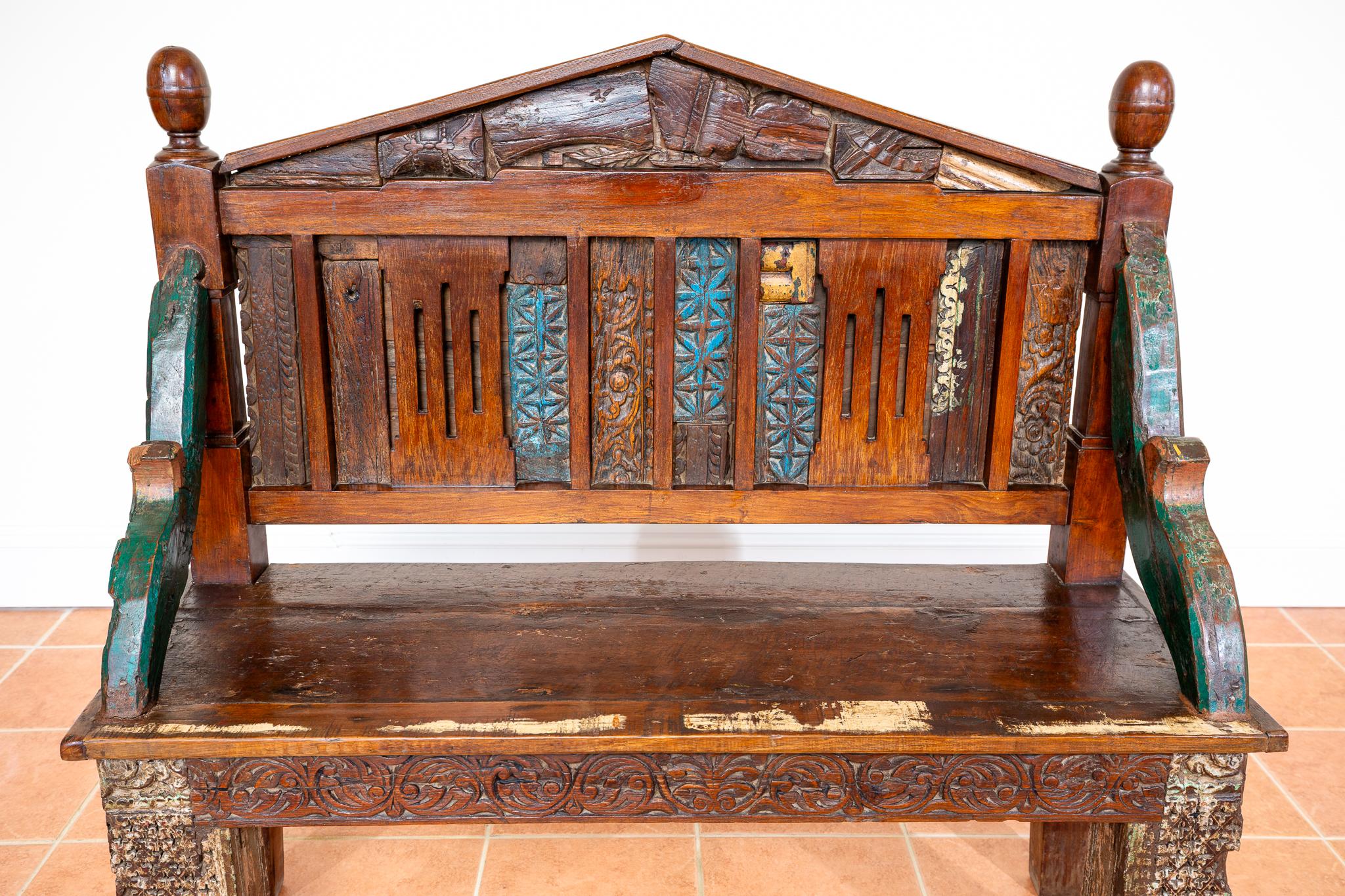 Antique Painted Bench Indian 19th Century Raj Era Colourful Reclaimed Decorative For Sale 11