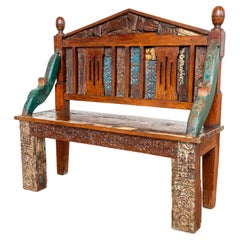 Used Painted Bench Indian 19th Century Raj Era Colourful Reclaimed Decorative