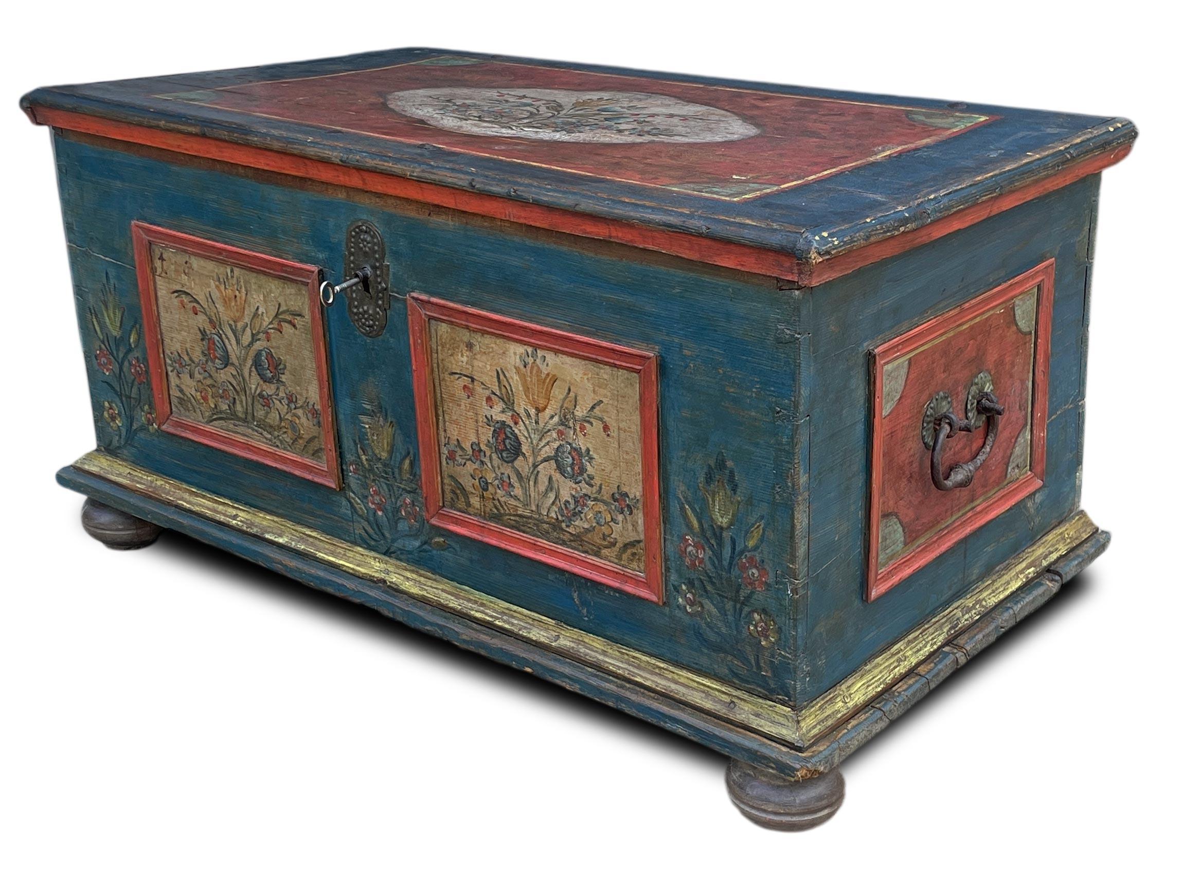 Antique Painted Alpine Chest

Code: C188
Wood Type: Fir
Period: Circa 1850
Origin: Tyrol

Dimensions:
Height: 60 cm  23.62 in
Width: 115 cm  45.28 in
Depth: 67 cm  26.38 in

Description:
Elegant Tyrolean chest crafted from spruce wood and finely