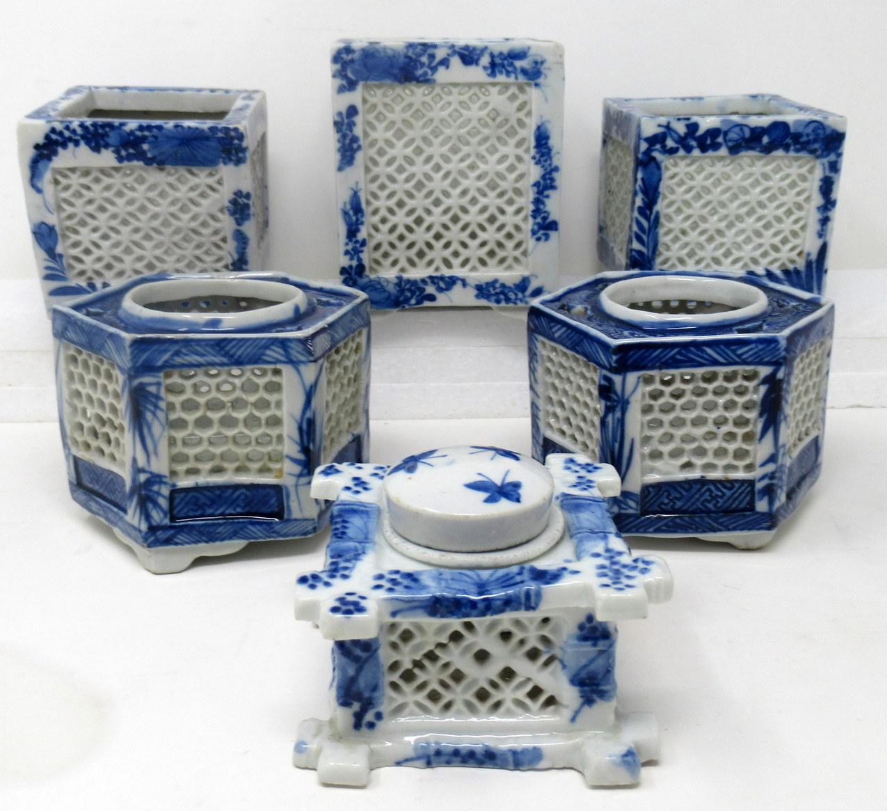 Stylish Assembled Set of Five Hand Painted Chinese Export Reticulated Pierced blue and white porcelain vases of Hexagonal and square outline, sometimes referred to as cricket pots or cages, together with a very unusual Chinese lidded inkwell with