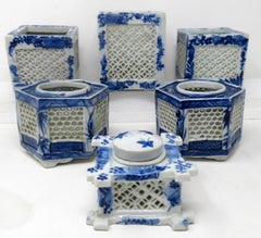 Antique Painted Blue White Japanese Chinese Reticulated Hexagonal Porcelain Vase