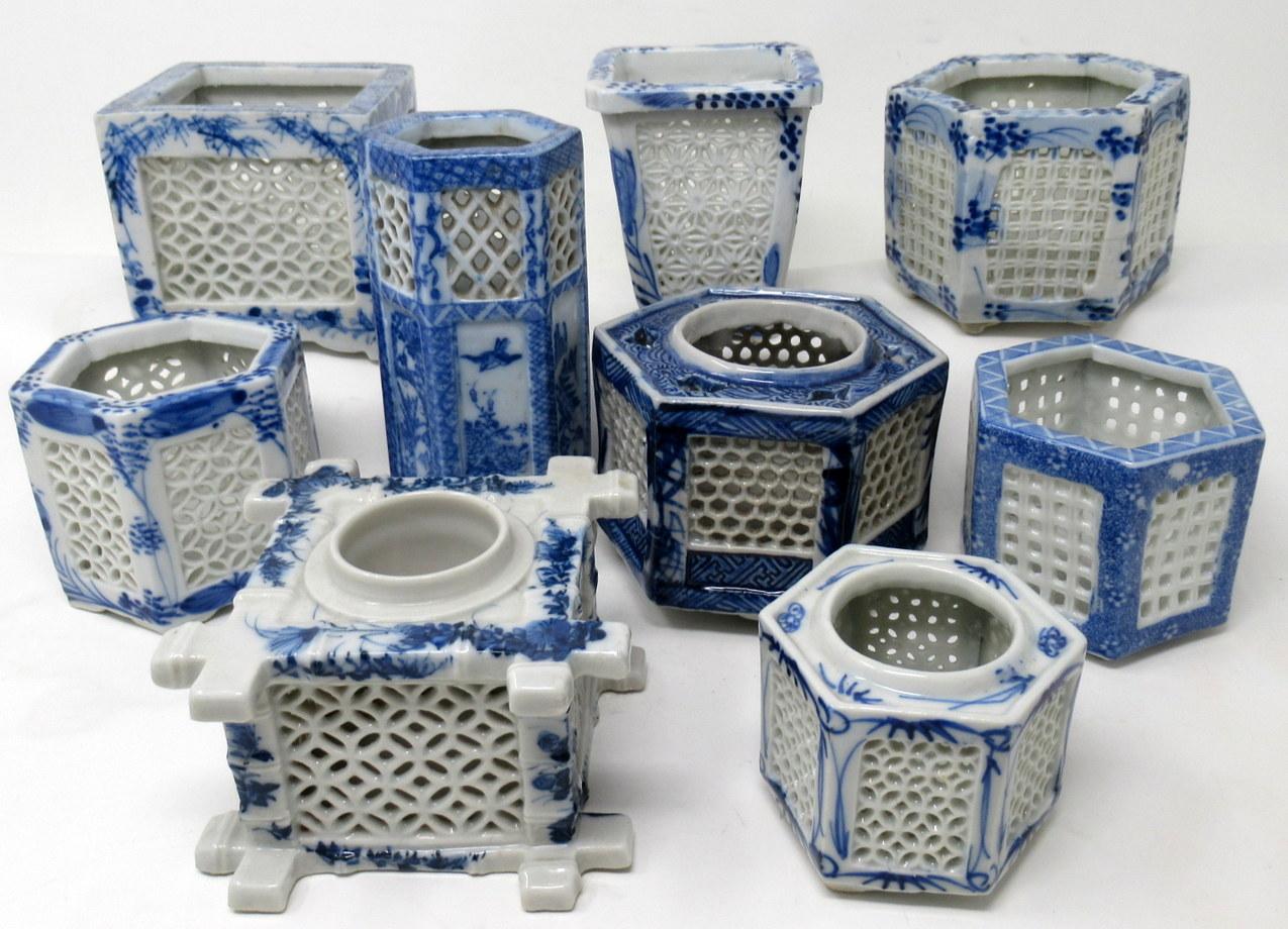 Art Deco Antique Painted Blue White Japanese Chinese Reticulated Hexagonal Porcelain Vase