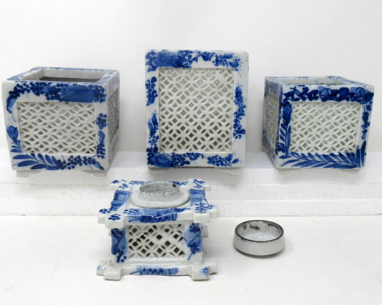 Art Deco Antique Painted Blue White Japanese Chinese Reticulated Hexagonal Porcelain Vase