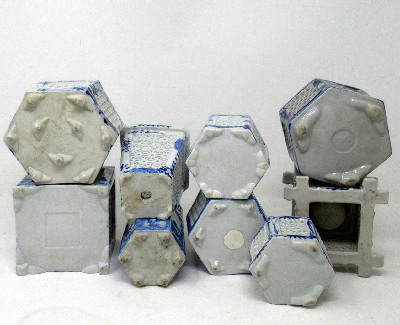 Antique Painted Blue White Japanese Chinese Reticulated Hexagonal Porcelain Vase 2